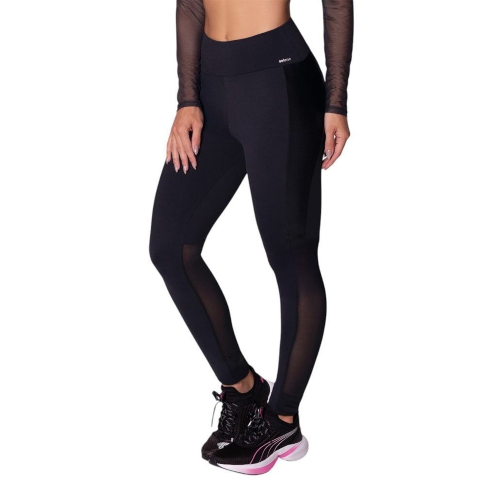 Calça Legging Selene Com Recorte Tule Feminina – Preto – selene