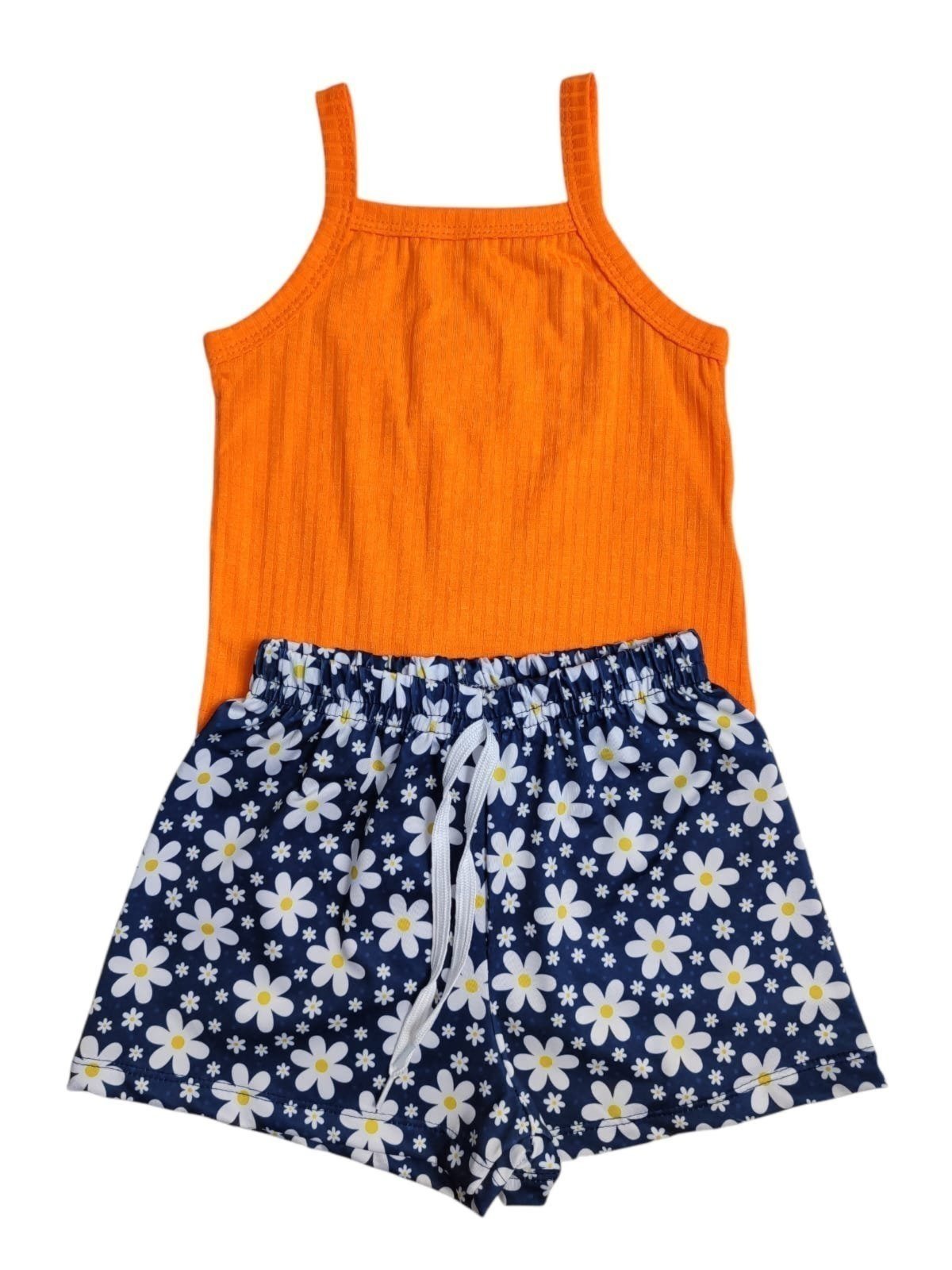 Vista 2 Infantil - Conjunto Menina Blusa Cropped de Alcinha com Shorts Estampado Flores GKS azul marinho/laranja GKS azul marinho/laranja