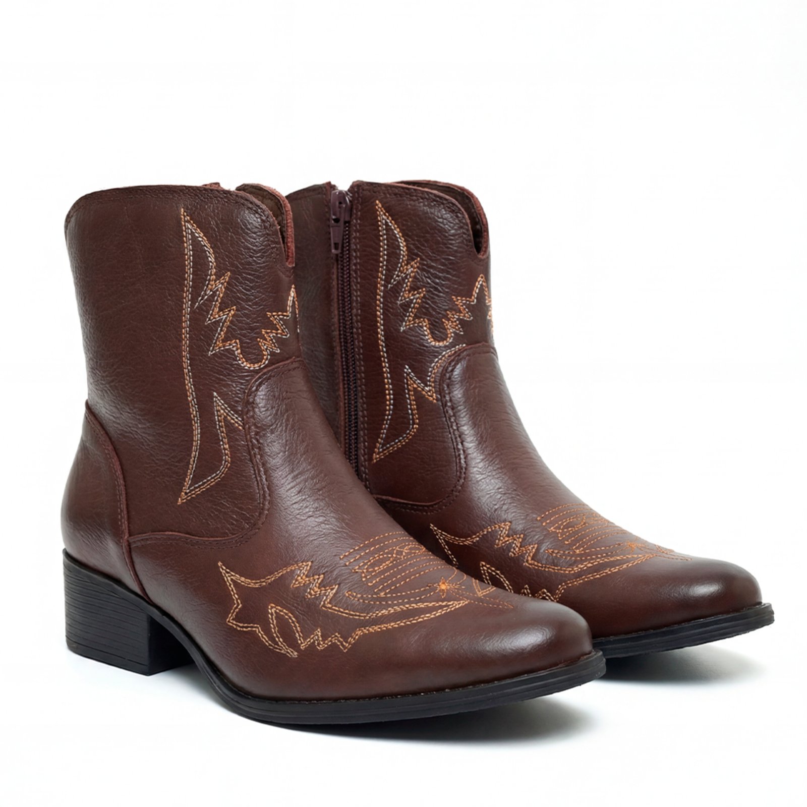 Bota Country Feminina Luxo Cano Médio De Couro Salto Baixo Mod.11007 Marrom