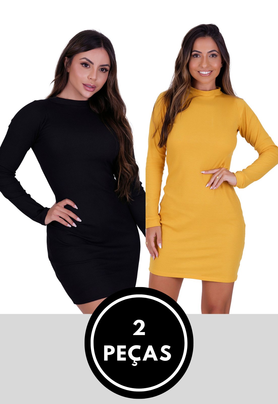 Kit 2 Peças Vestido Midi Malha Canelada Amarelo e Preto Manga Longa St Madame