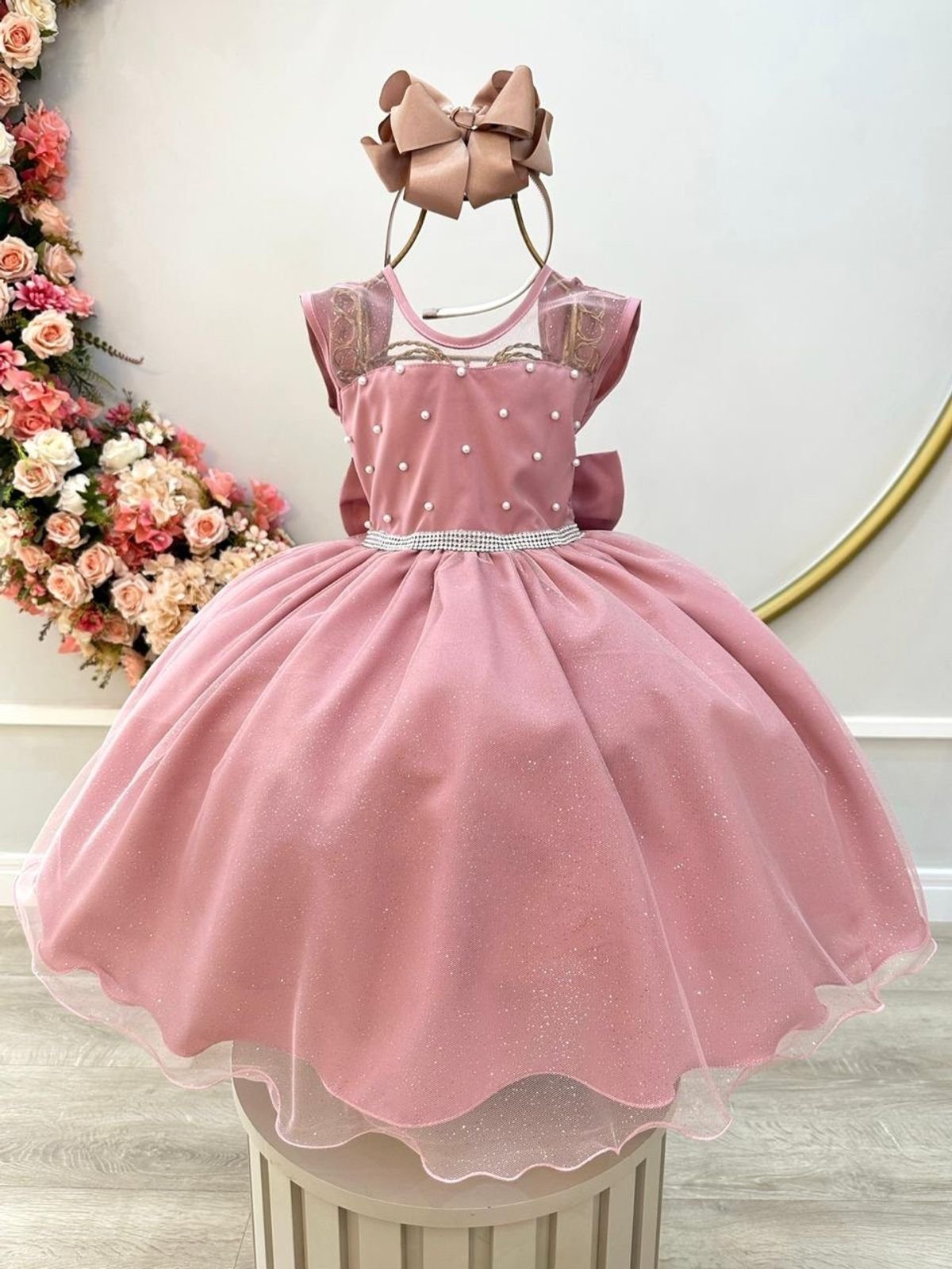 Infantil - Vestido Festa Rosa Rosé Nude Amêndoa Formatura Florista Casamento Pérolas Dama Daminha Social Menina Juvenil Pérolas Princesa Rodado Aniversário Luxo