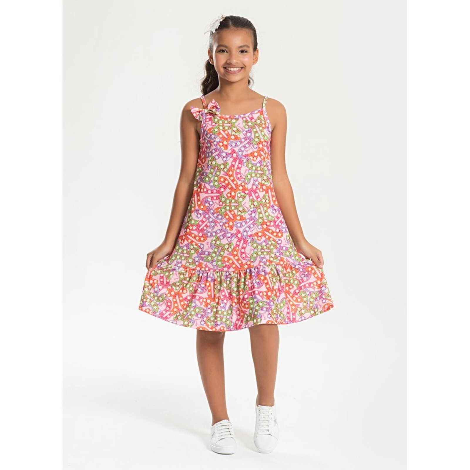 Vista 2 Infantil - Vestido Alcinha Verão Menina com Babado Lacinhos Molekada rosa