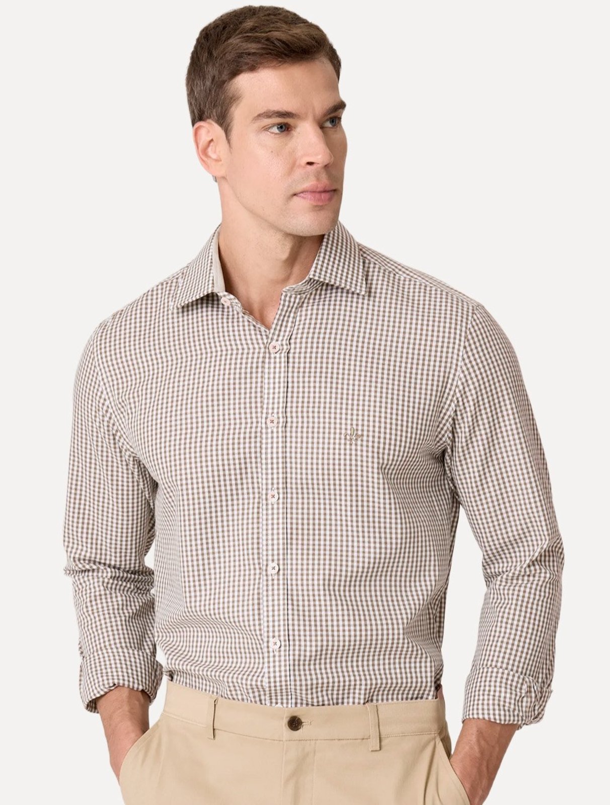 Camisa Dudalina Masculina Comfort Superfine Regular Xadrez Mono Logo Marron Claro