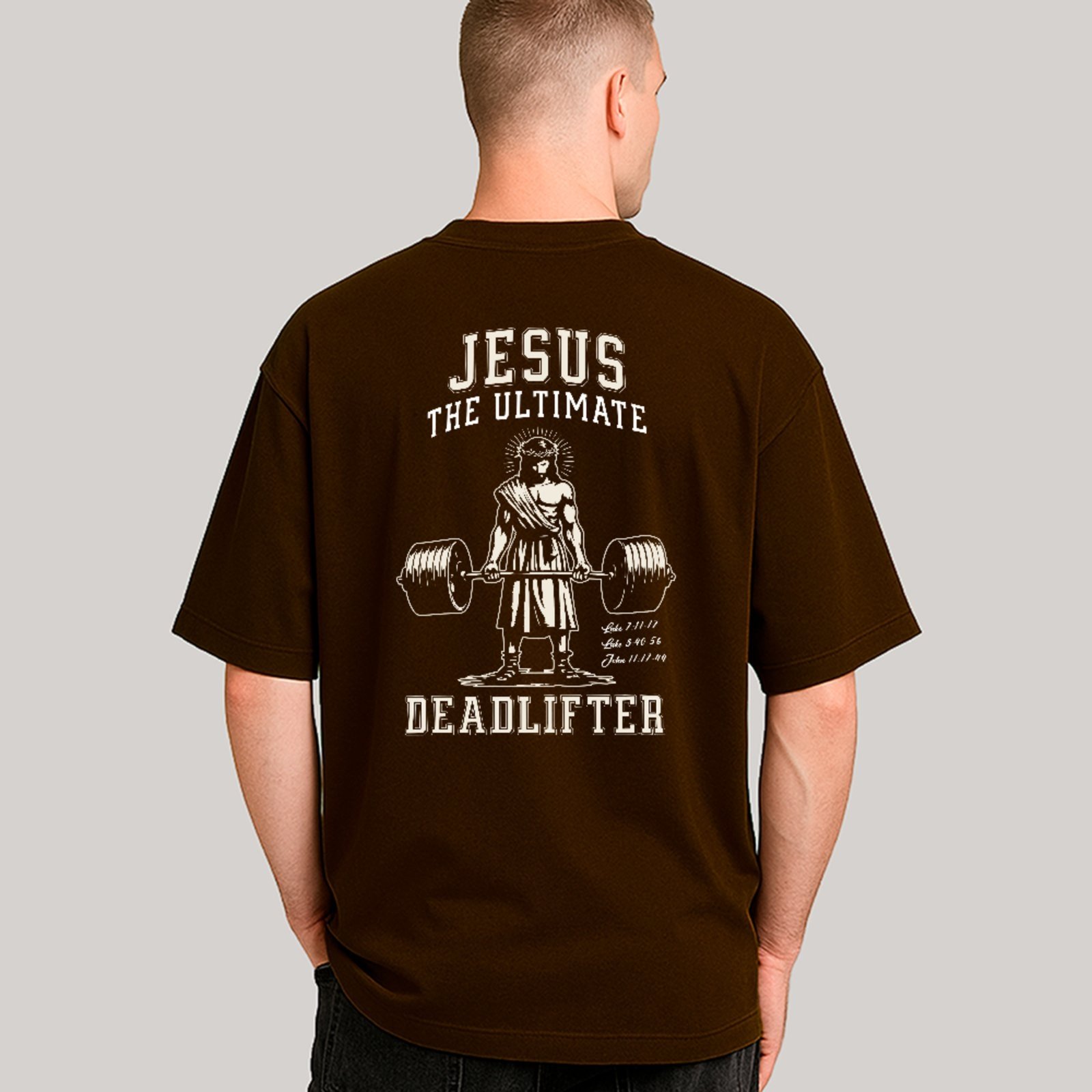 Camiseta Ousy Cristã Oversized Jesus Deadlifter Unissex Marrom