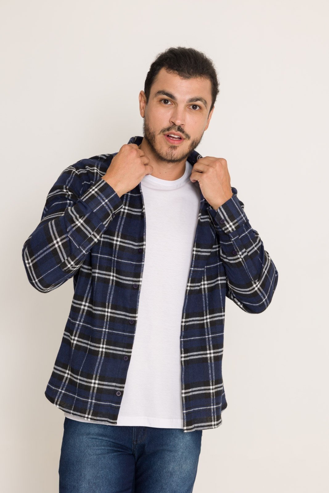 Camisa de Flanela Masculina Olimpo Clássica Xadrez Azul Marinho