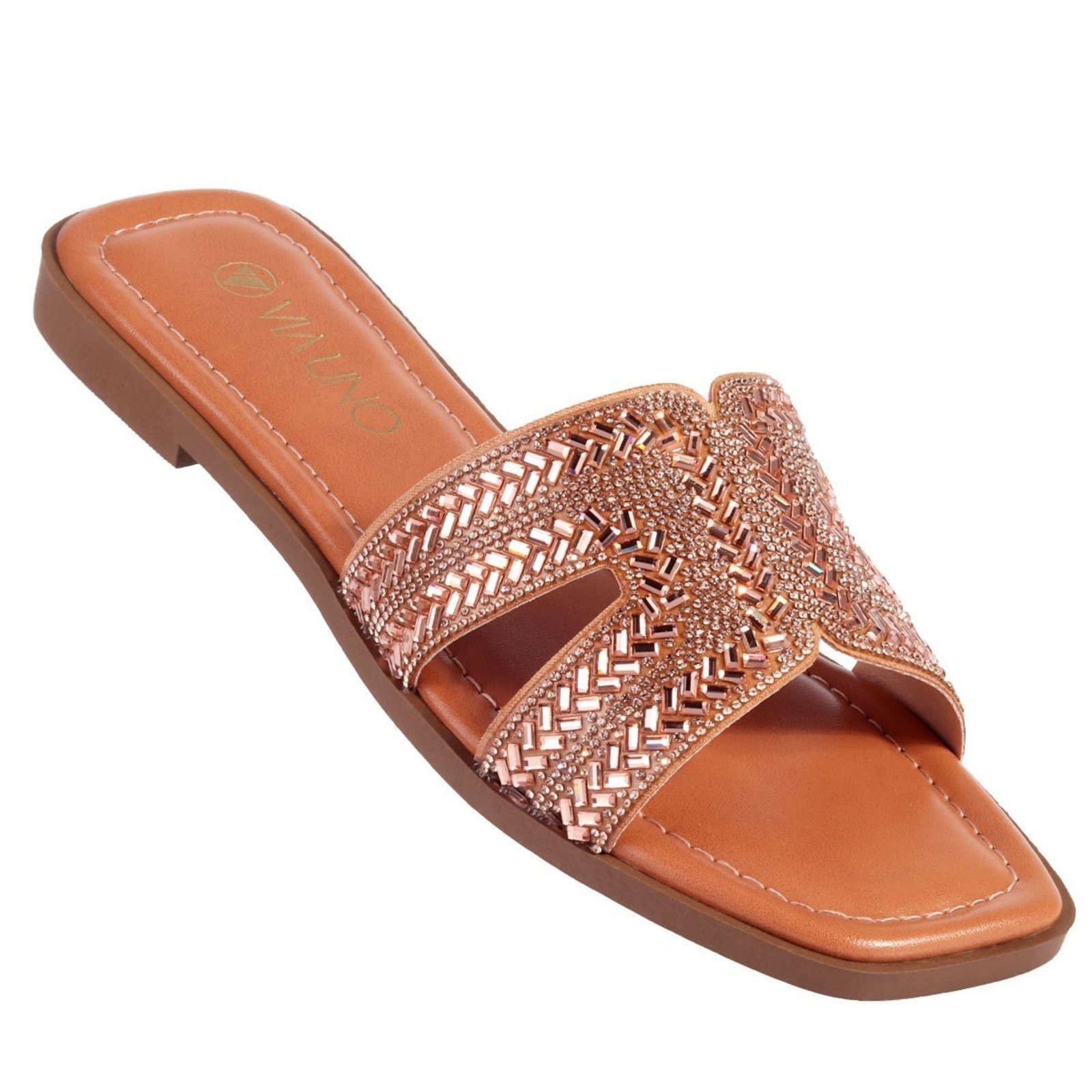 Sandália Rasteira Via Uno com Tira Larga em Strass Rose Gold
