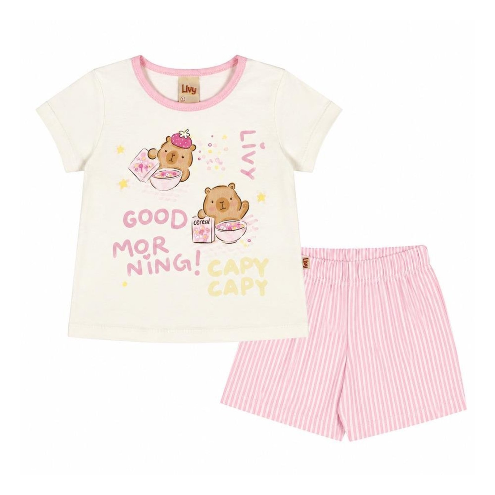 Infantil - Pijama Curto Camiseta Shorts Capivara Livy Branco Rosa 10 Azul