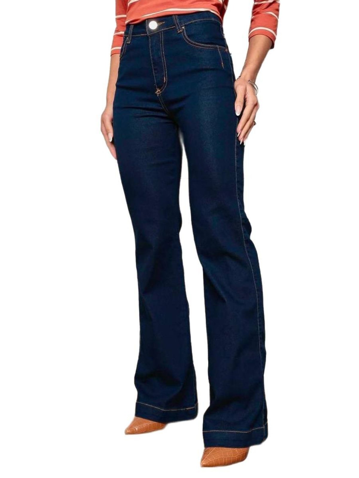 Calça Jeans Feminina Flare Amaciada Barra Larga Denim Escuro Casual Confortável