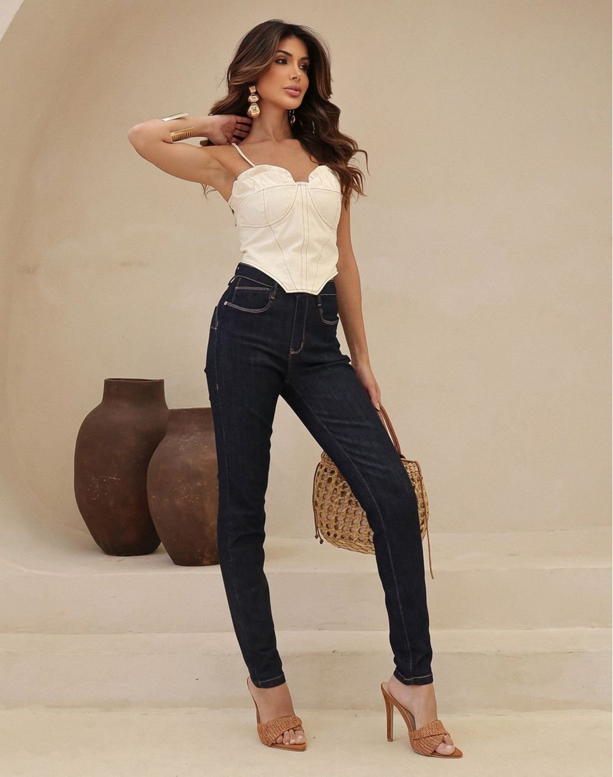 Calça Jeans Skinny Feminina Cintura Intermediária 25717 Amaciado Consciência
