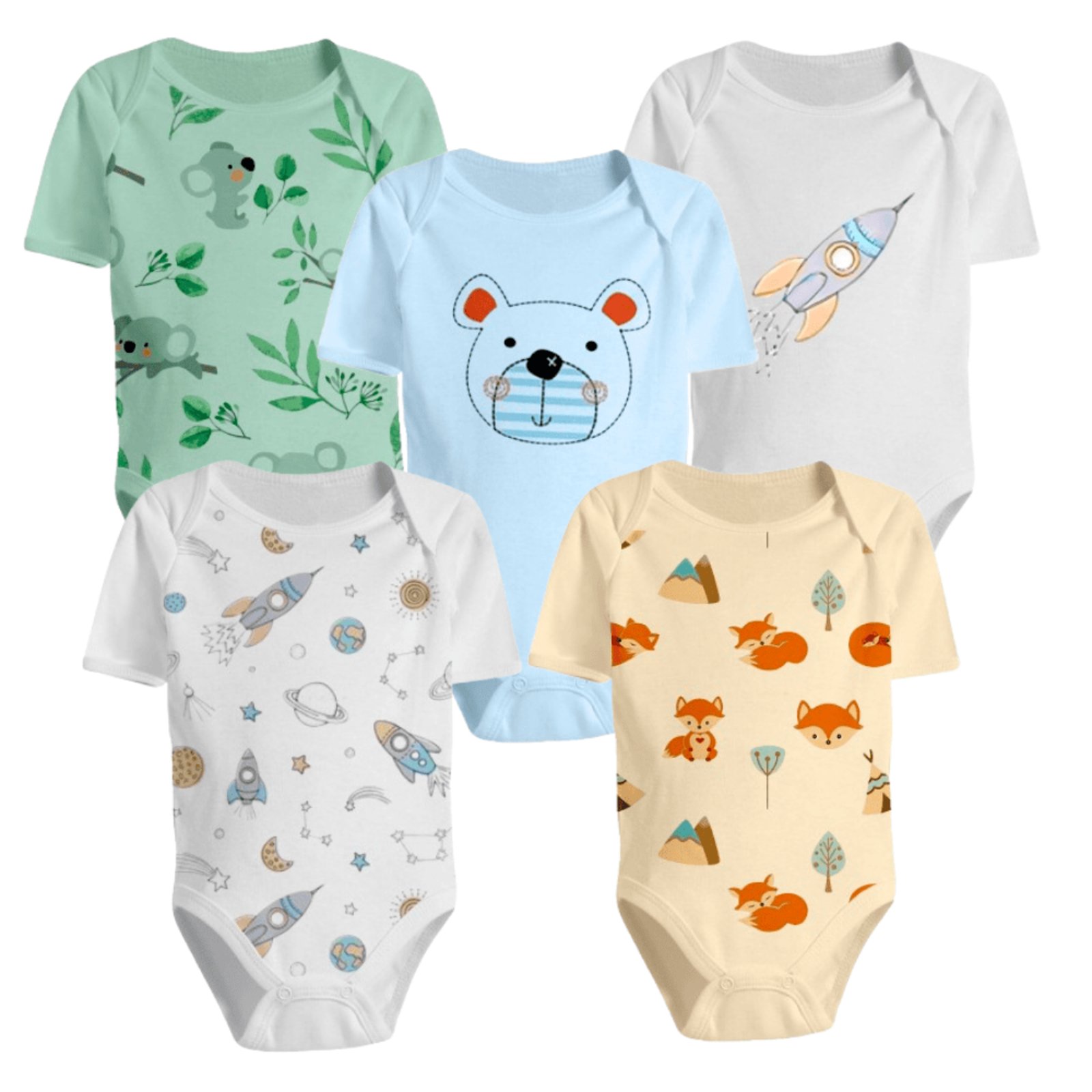 Infantil - Kit Enxoval Roupa de 5 Peças Body Manga Curta Estampado Azul