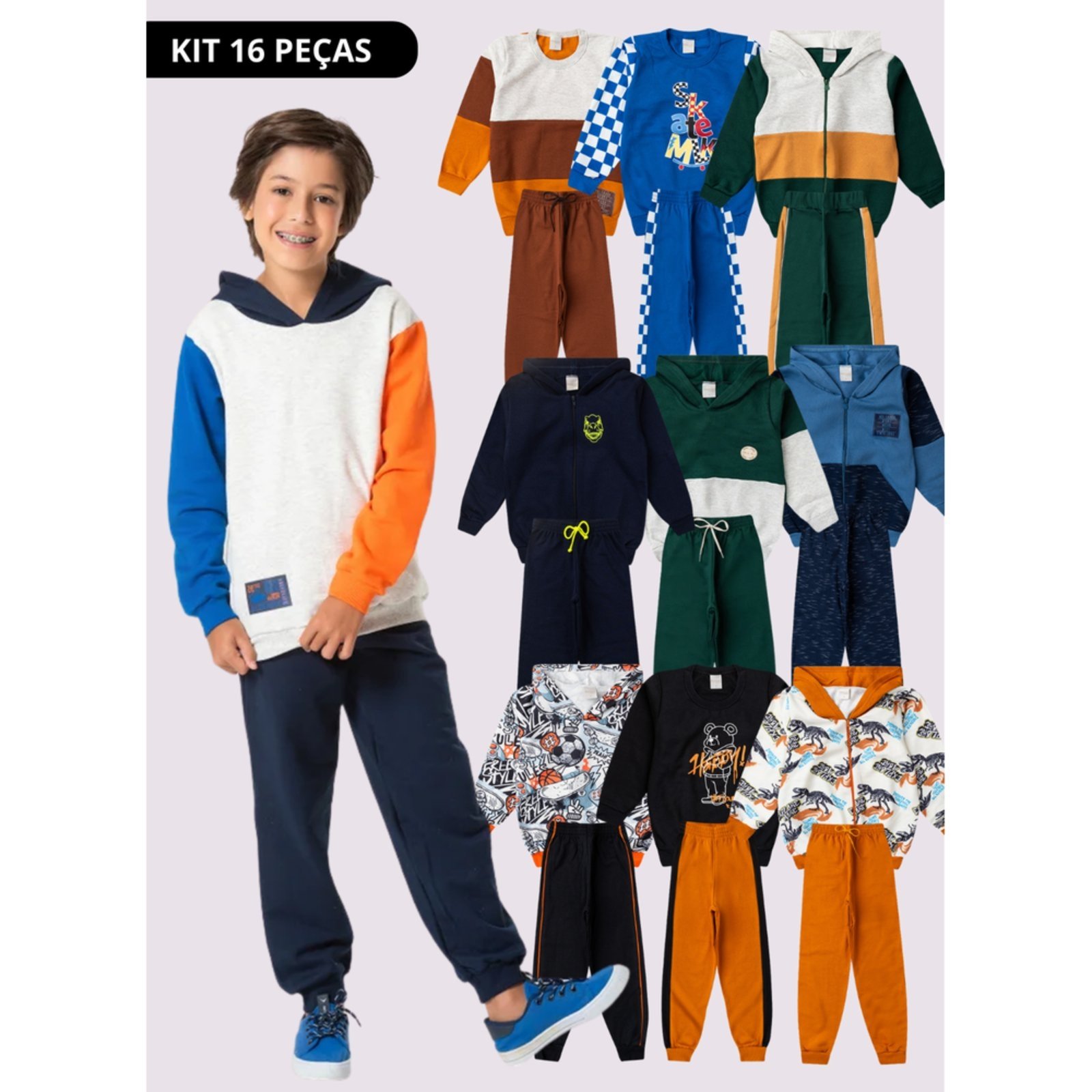 Vista 2 Infantil - Kit Sortido 16 Peças de Roupas Infantis Menino Inverno - 8 Conjuntos Molekada multicolorido Molekada multicolorido