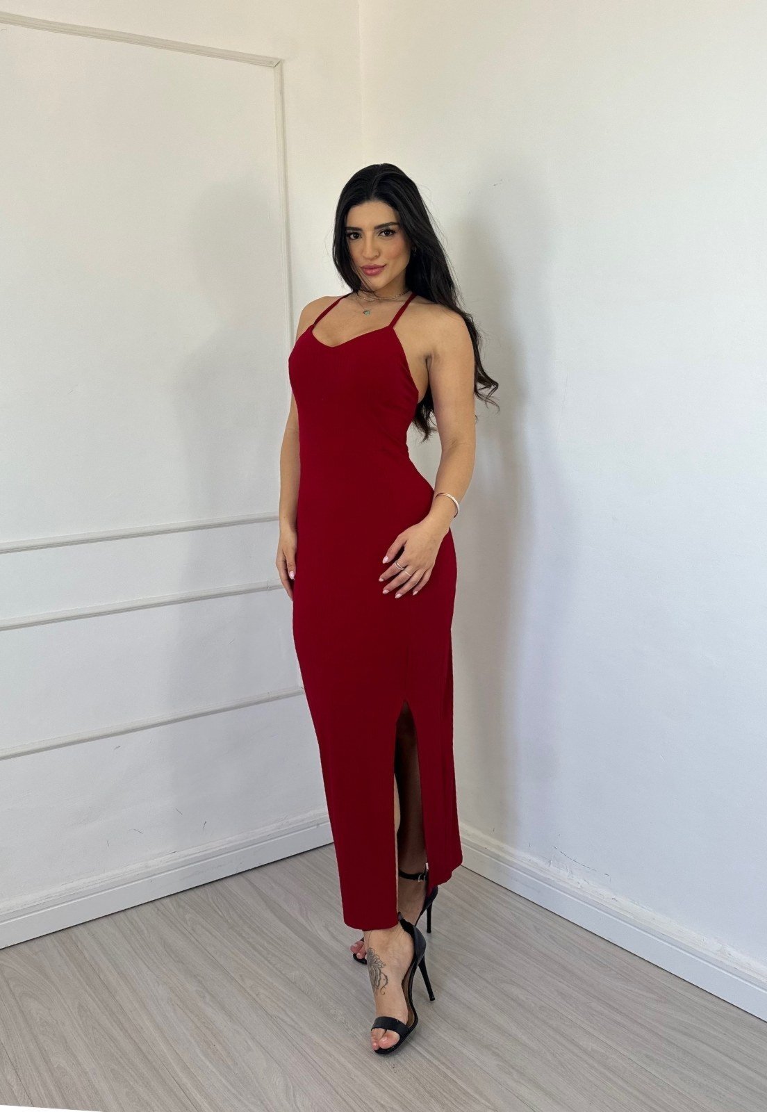 Vestido Canelado Amarração Gislene Vermelho