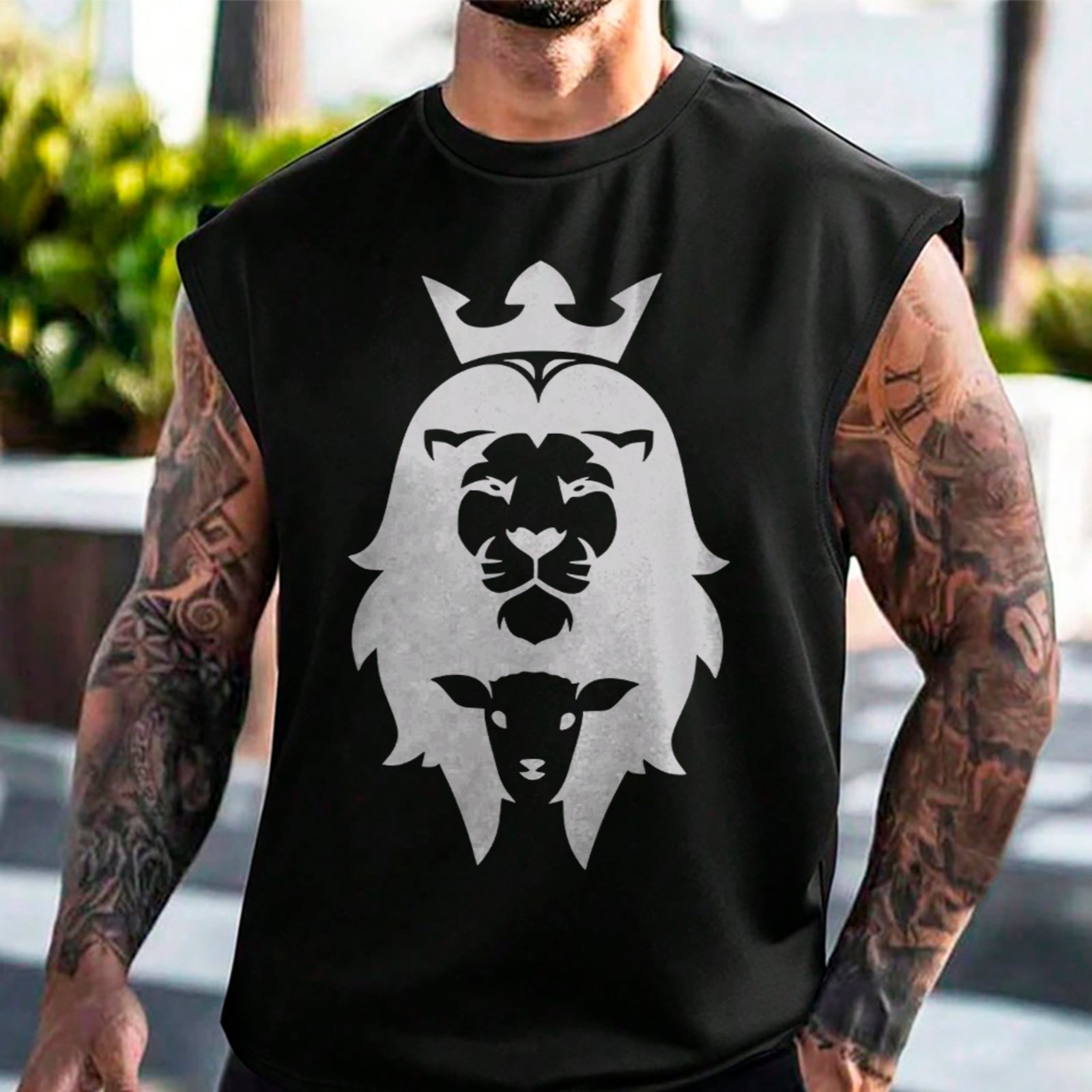 Camiseta Regata Machão Gospel Leão de Judá Coroa Cordeiro Fé Cristã Preto