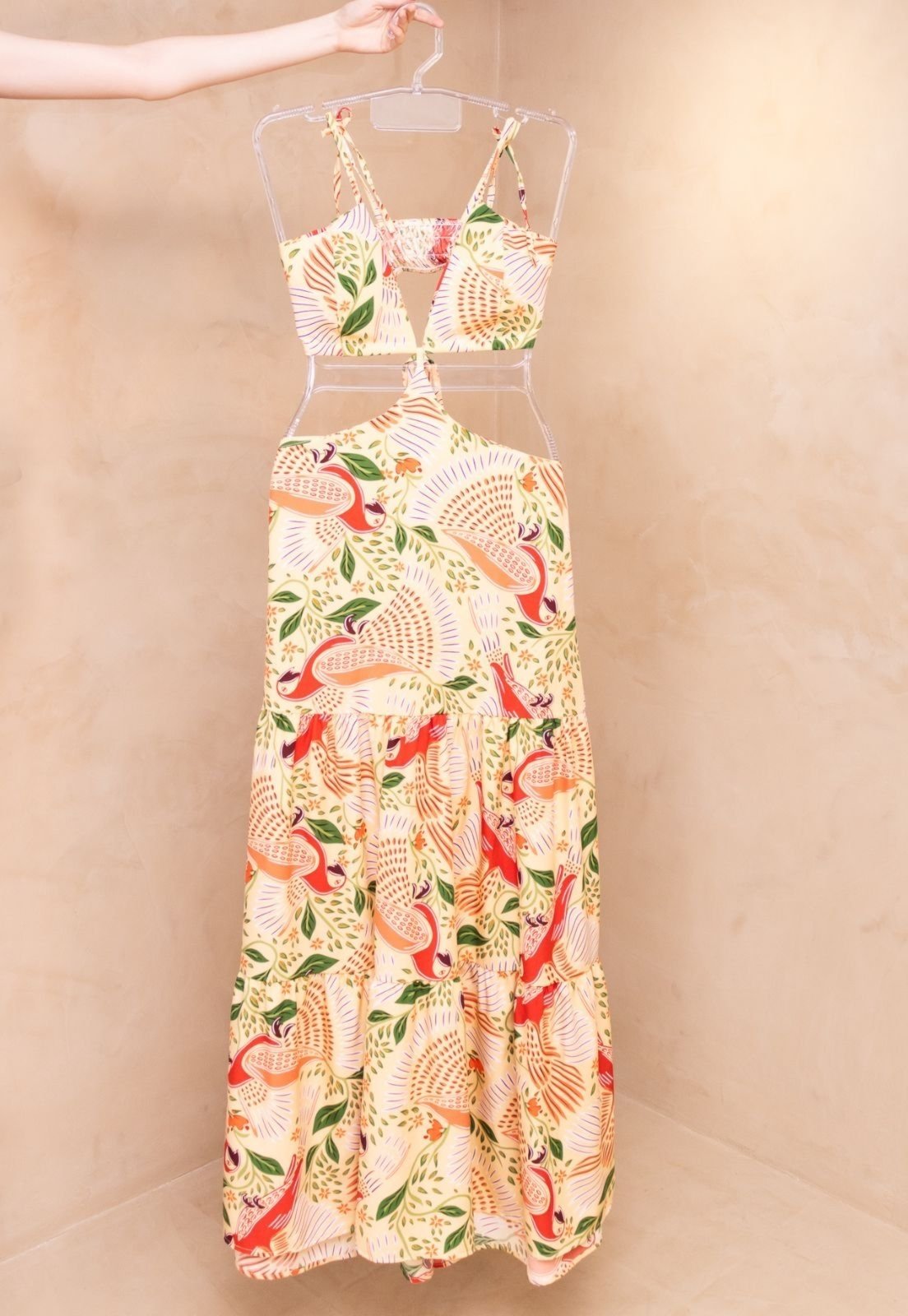 Vestido Longo Abertura Lateral Estampado Alcinha Floral Verão Mariny Laranja