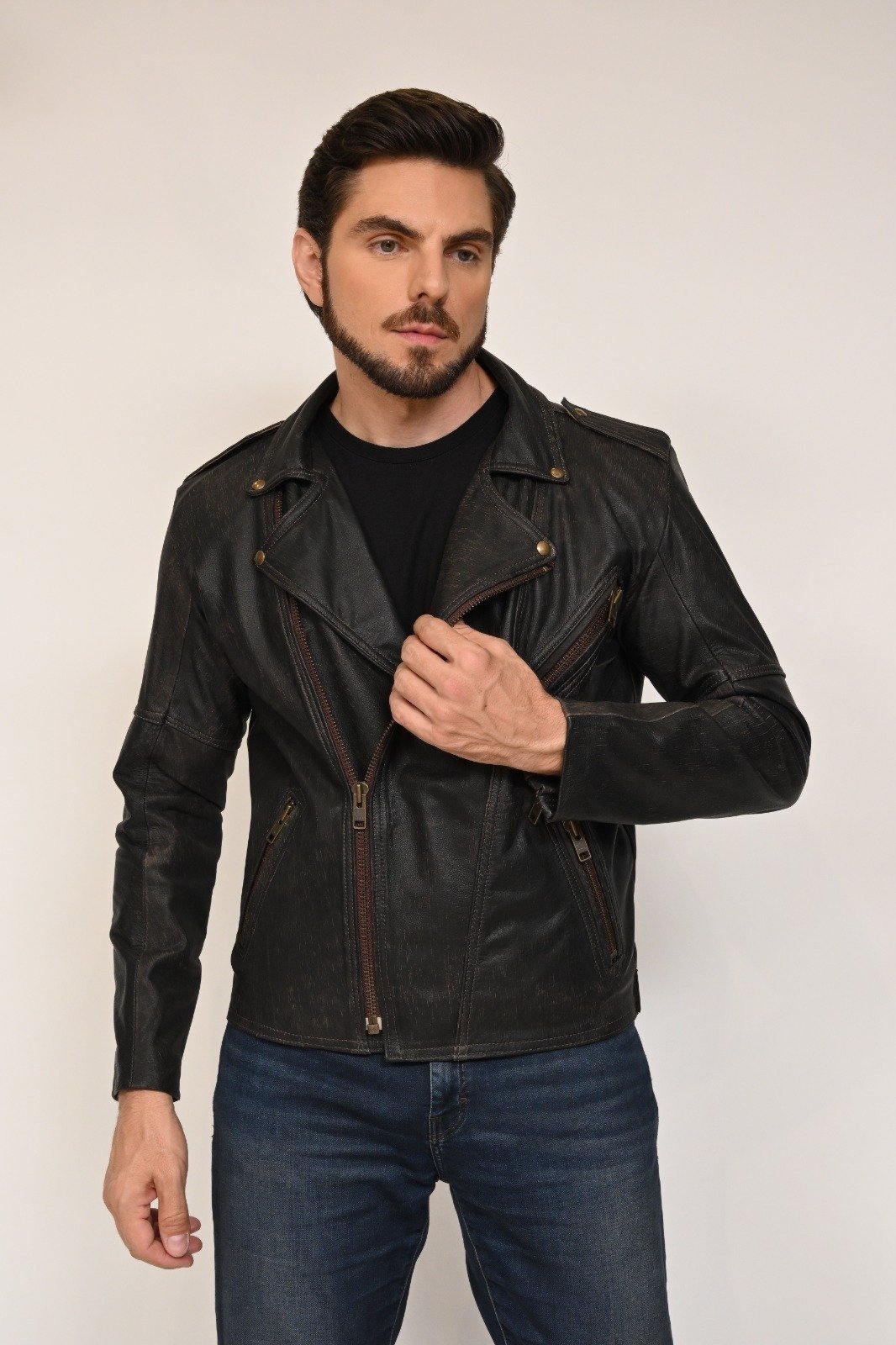 Jaqueta Biker Couro Marrom Envelhecido