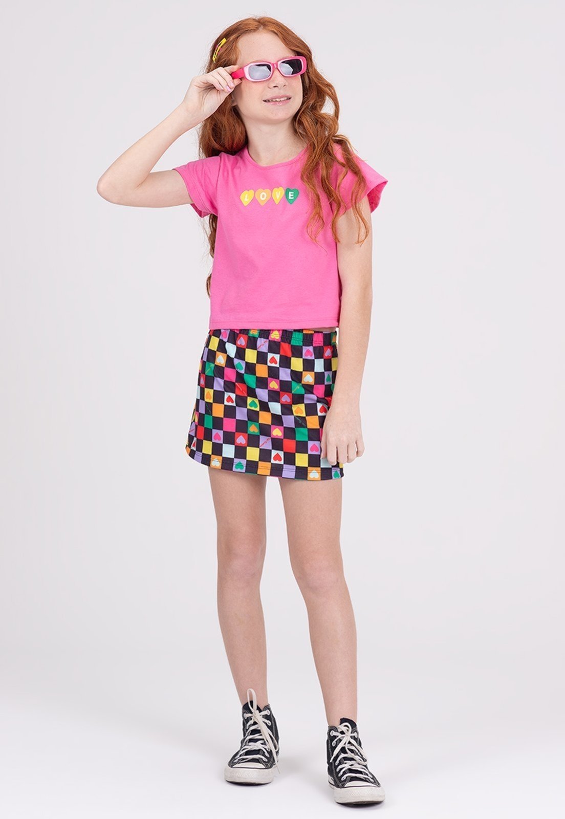 Infantil – Conjunto Cropped Manga Evasê Love Pink