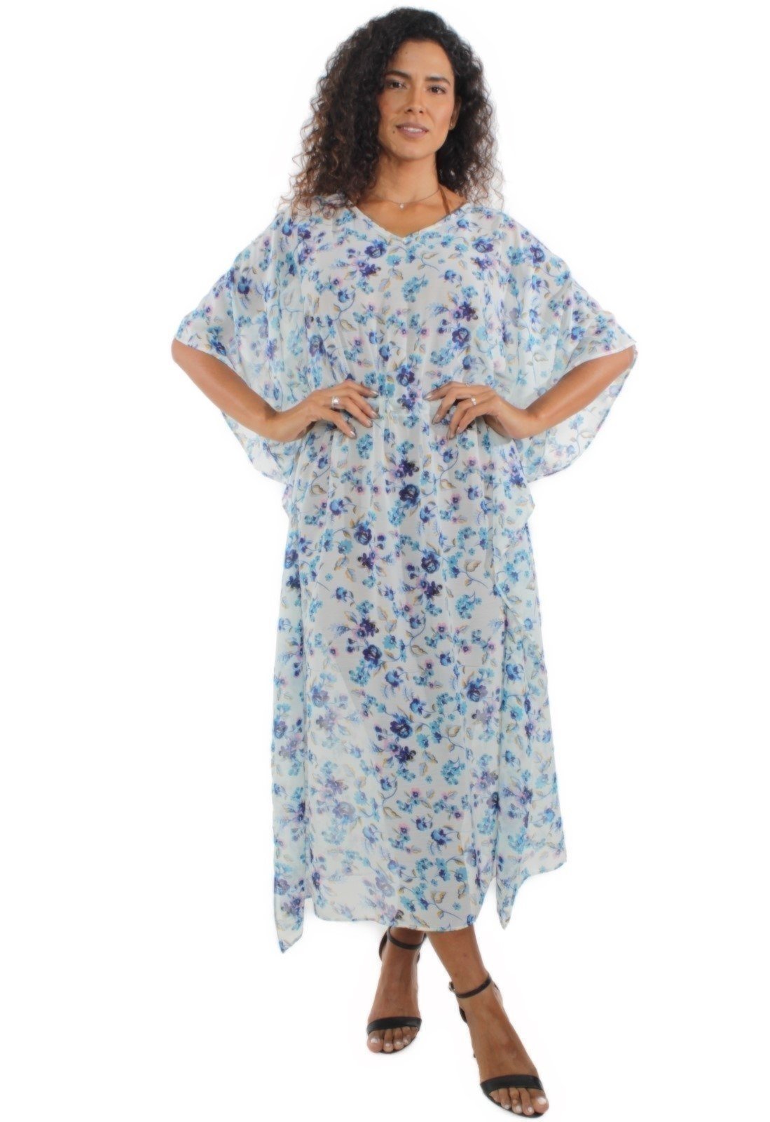 Saída Vestido Kaftan Longo Bata Crepe Semitransparente Estampado Azul Fundo Branco