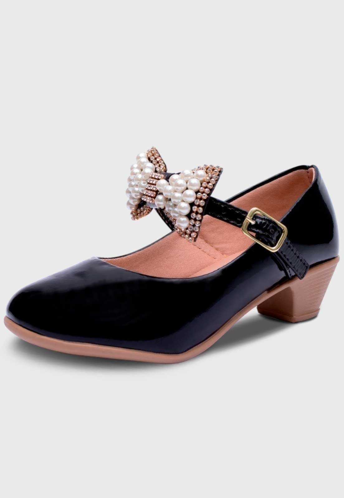 Infantil – Sapato de Salto Feminino Pópidi Menina Laço Pérola Preto