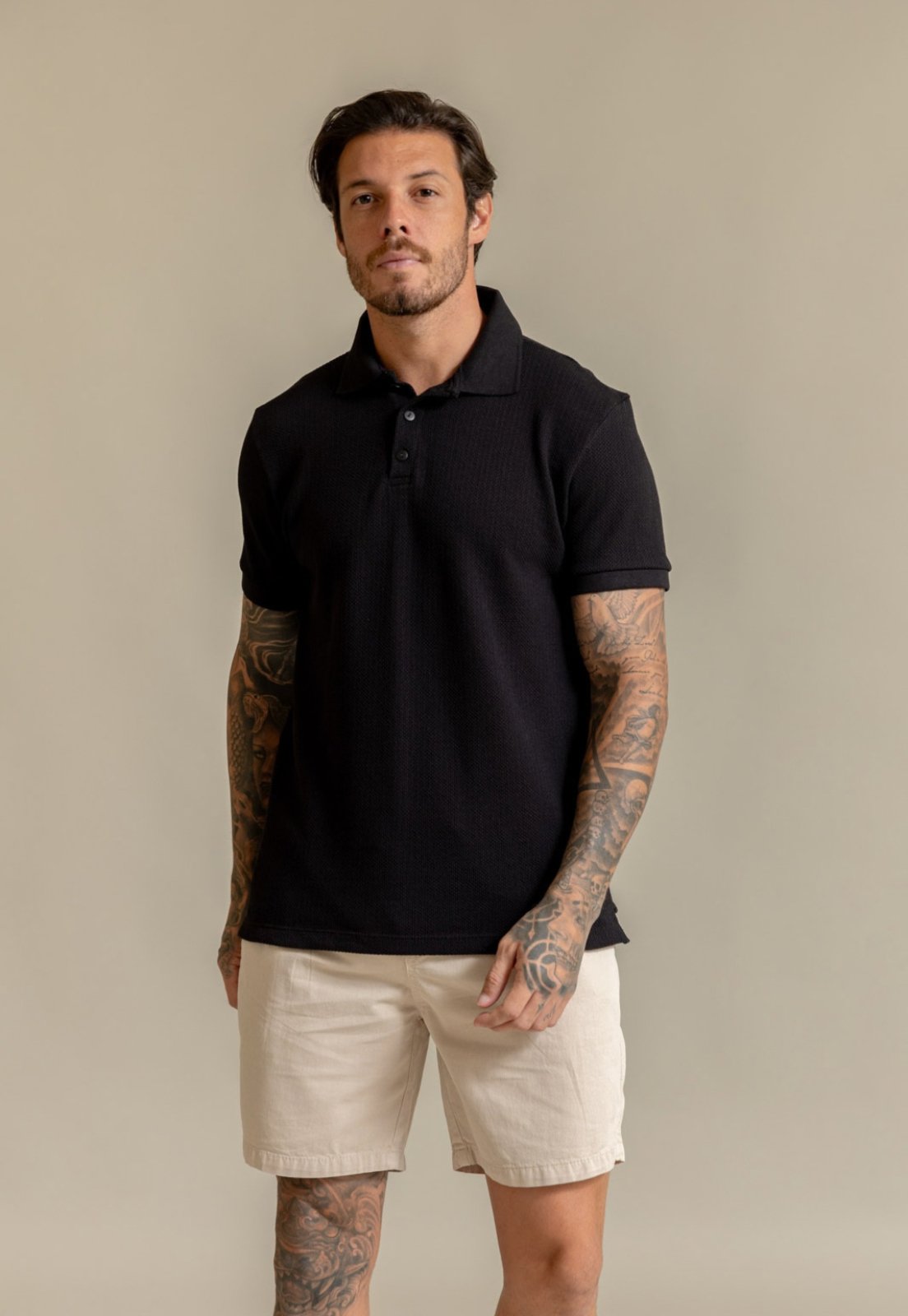 Camisa Polo Tricot Masculina Texturizada Manga Curta em Poliéster Preto Dialogo