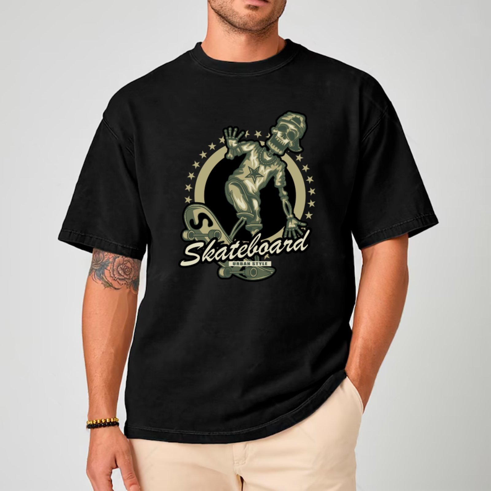 Camiseta Ousy Streetwear Skeleton Skateboard Oversized Unissex Preto