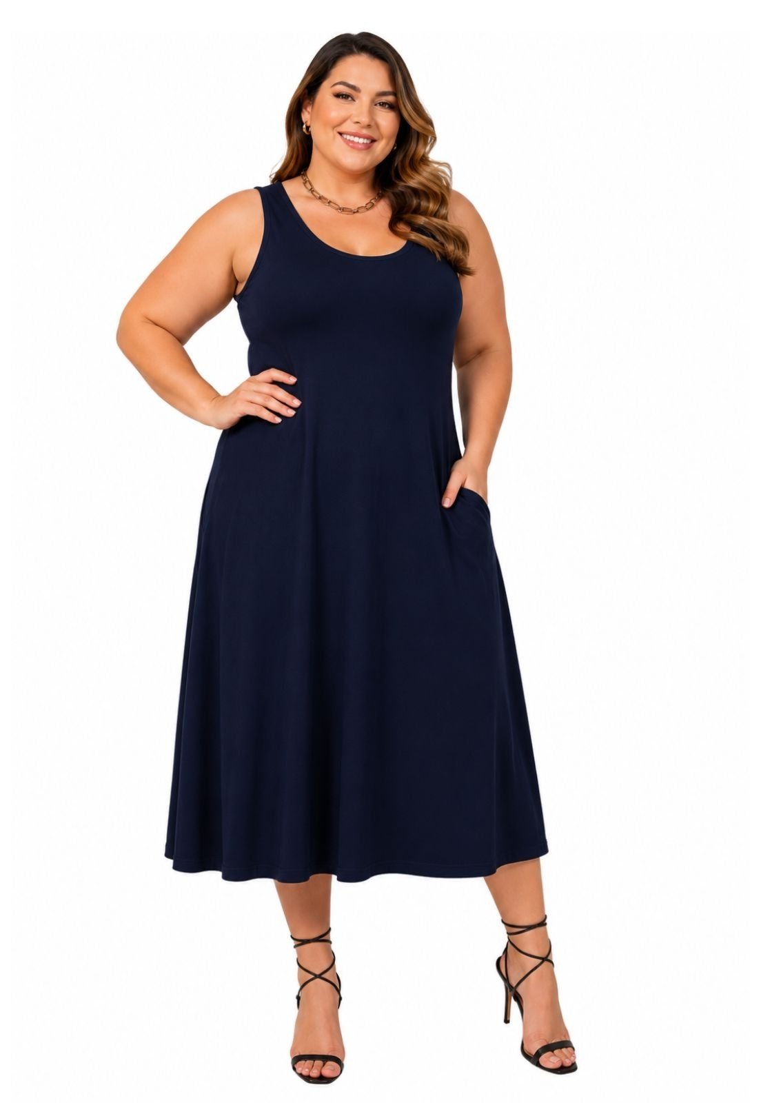 Vestido Plus Size Midi Azul Marinho