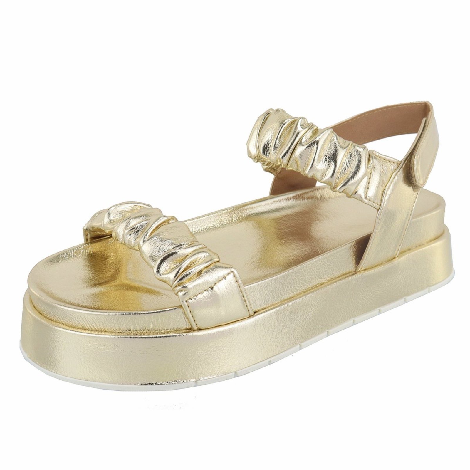 Sandália Flatform Papete Feminina Paula B Com Tiras Enrugadas E Amarração No Tornozelo Estilo E Conforto Dourado