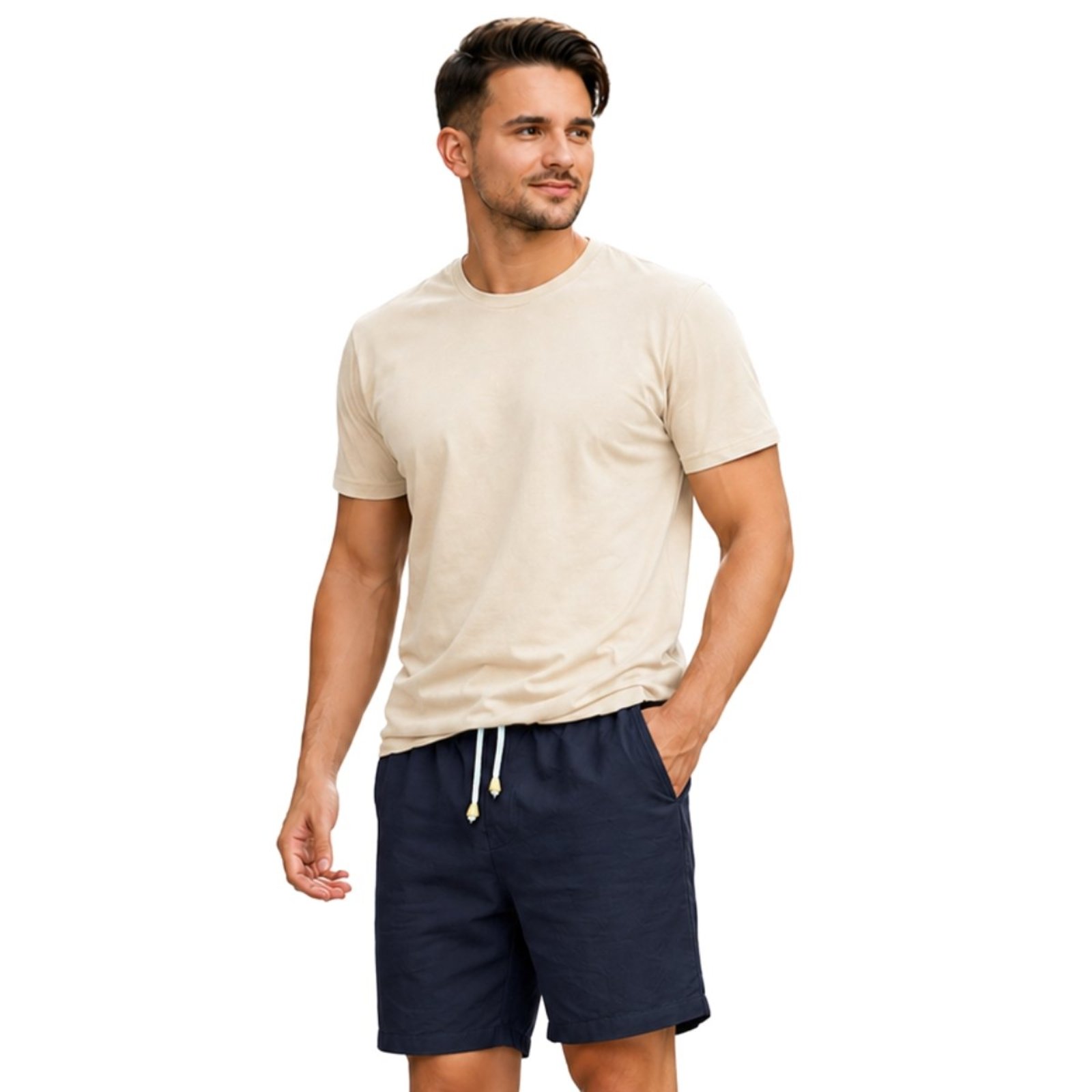 Conjunto Short Masculino Bermuda Linho Premium + Camiseta Basica Moda Sofisticada