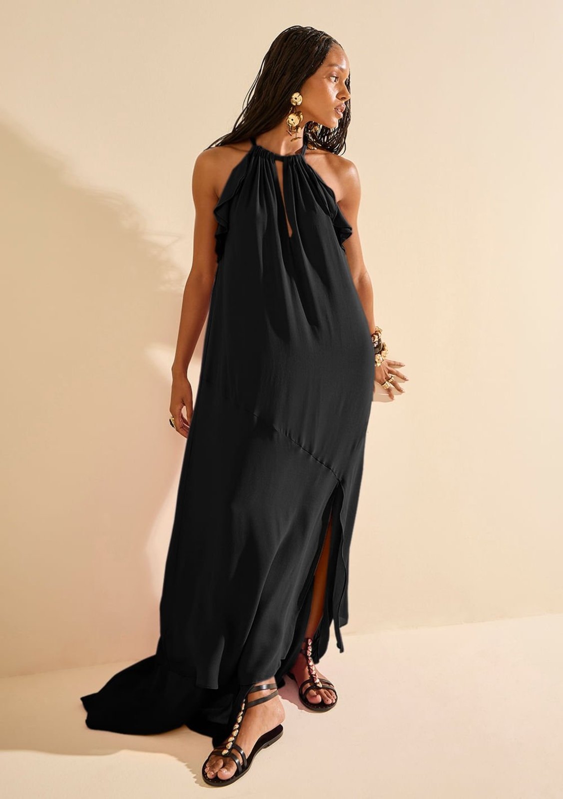 Vestido Morena Rosa Solto Decote V Sem Manga Longo Preto