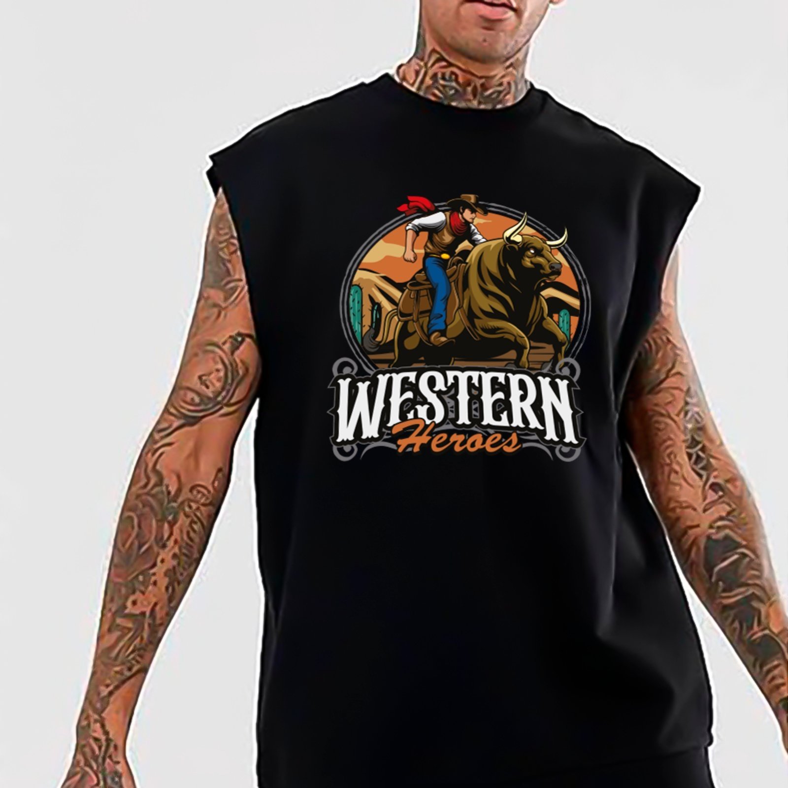 Camiseta Regata Machão Country Western Heroes Estilo Cowboy Masculina Preto