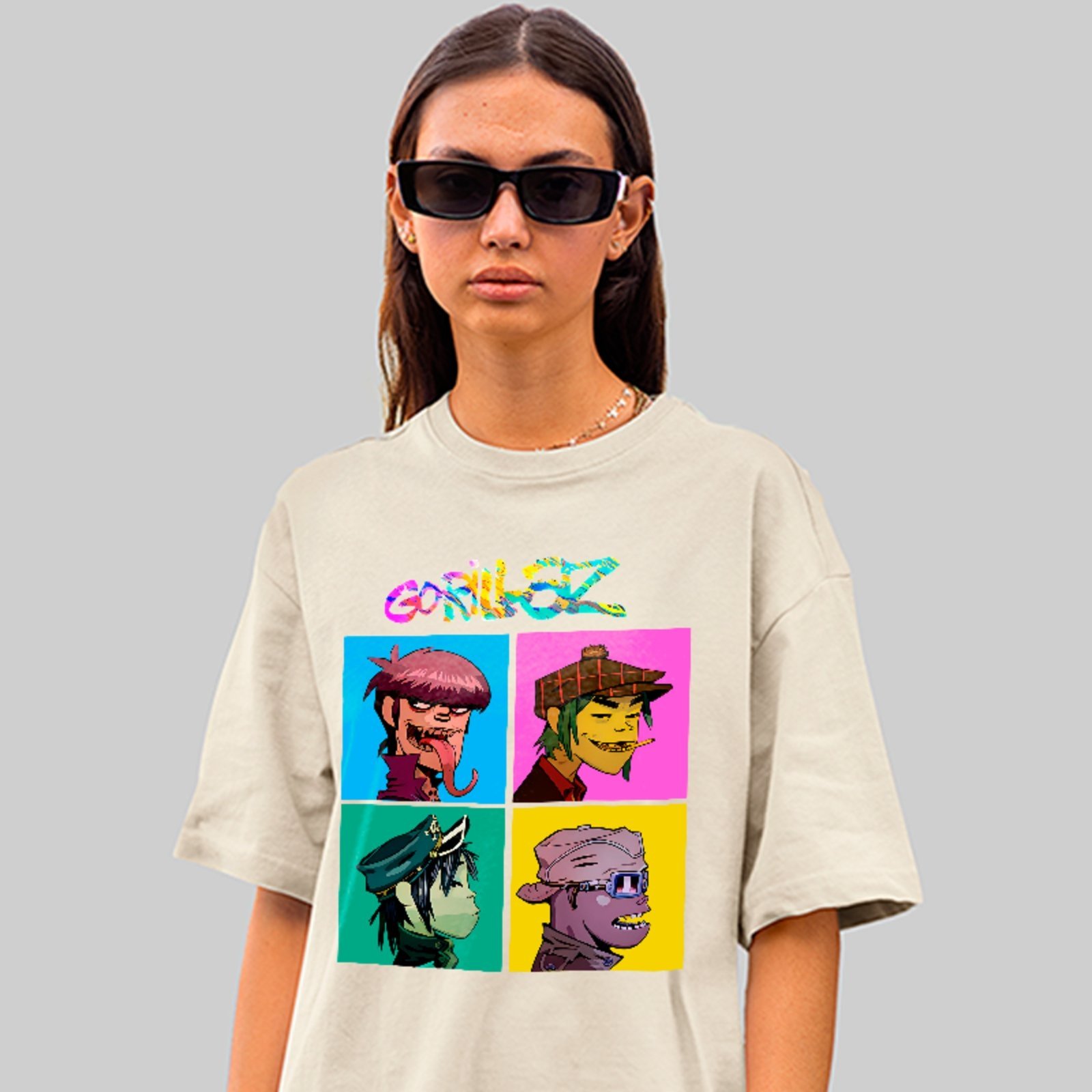 Camiseta Oversized Premium Gorillaz Band Cartoon Streetwear Unissex Off White