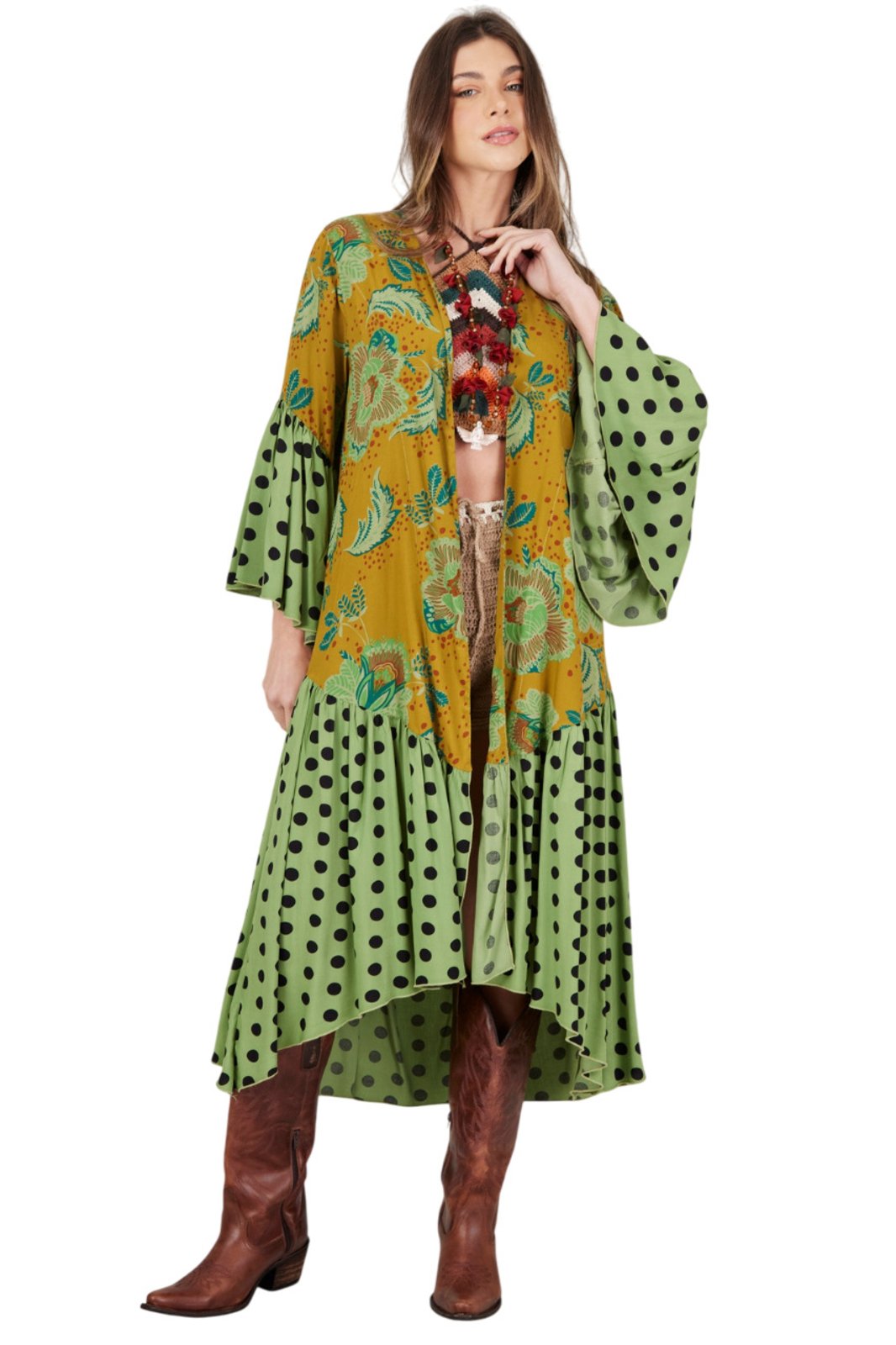 Kimono Longo Com Manga Flare Verde Poá Patchwork Yacamim J9 – Estampado