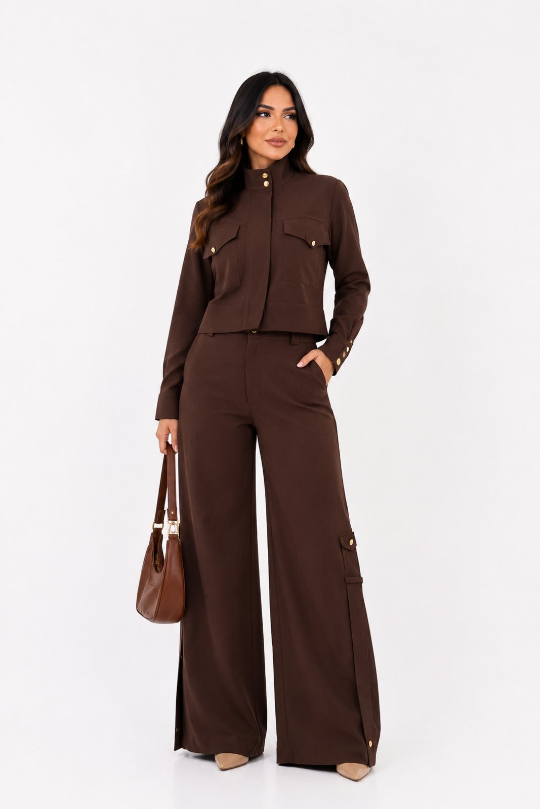 Conjunto Feminino D Bell Outlet Fashion Camisa E Calça Café