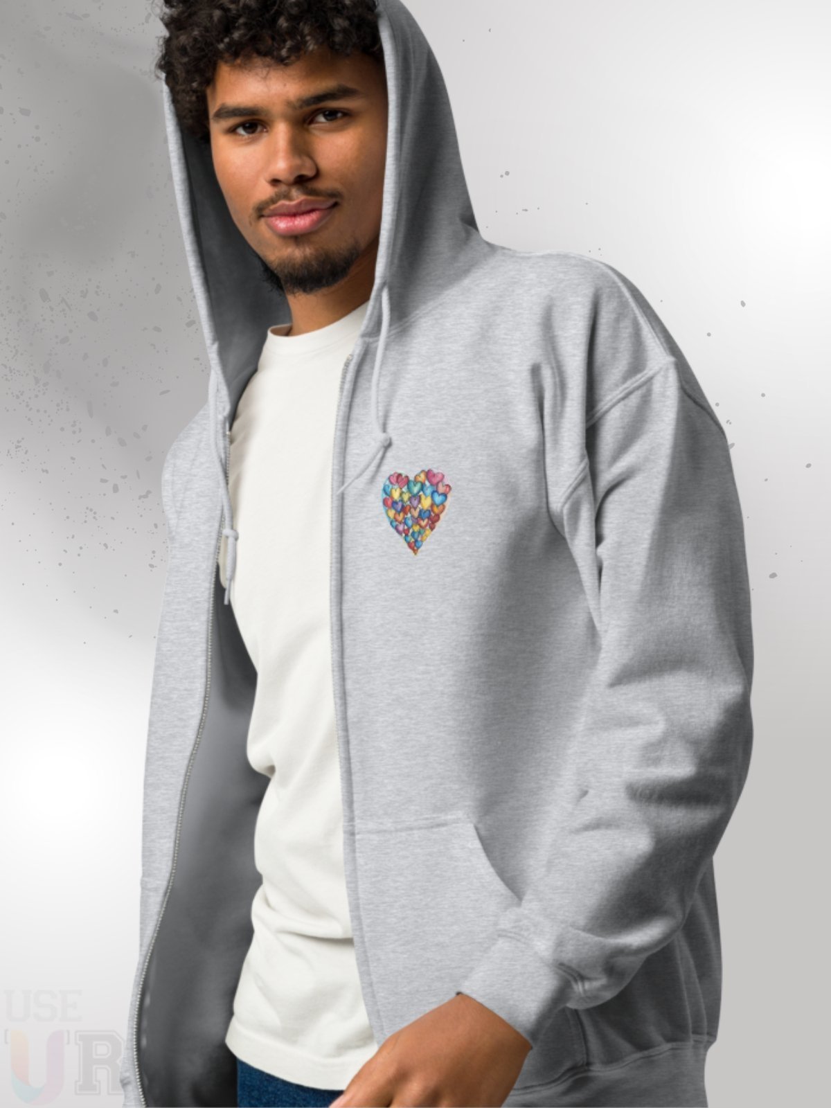 Moletom Flanelado Feminino Aberto ziper Masculino Urbania Moleton cinza claro Blusa de Frio Lisa mescla estampa coração efeito desenho a mão
