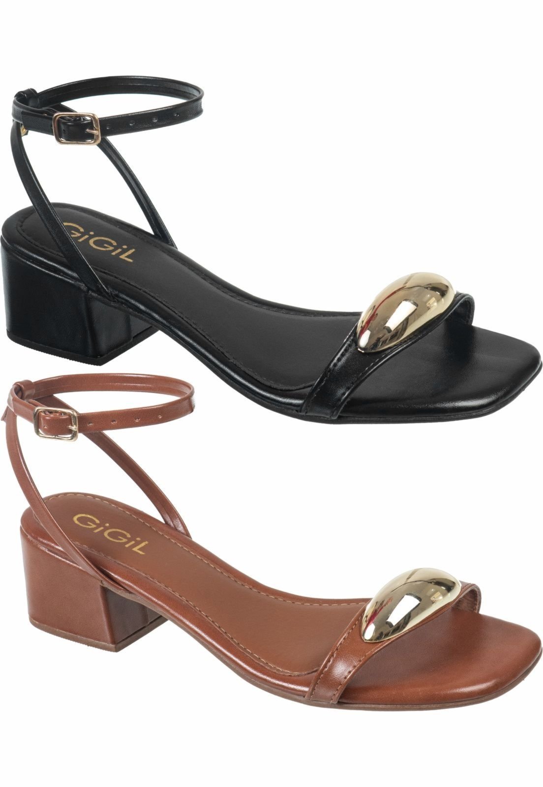 Kit 2 Pares Sandália Feminina GiGiL Tira Enfeite Metalizado ABS Fivela Lateral Salto Bloco Caramelo/Preto