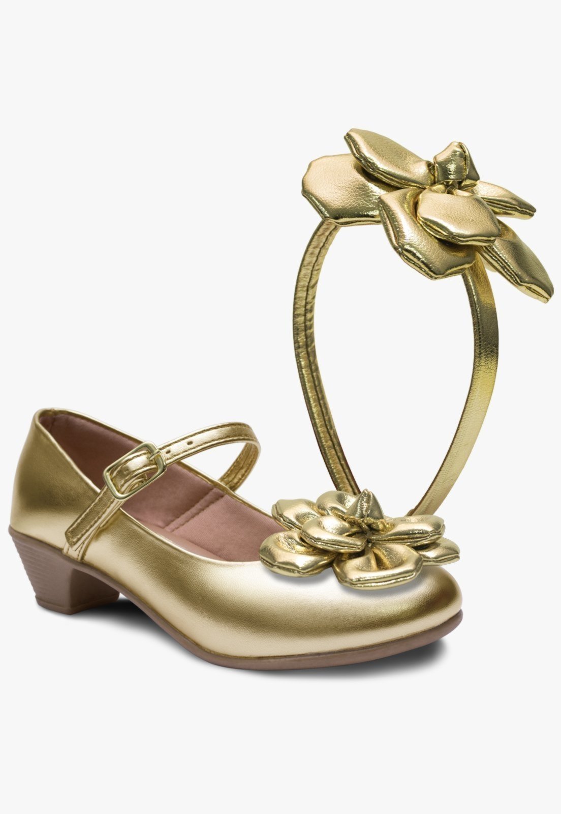 Infantil - Kit Tiara e Sapato Salto Feminino Pópidi Sapatilha Petalas Dourado