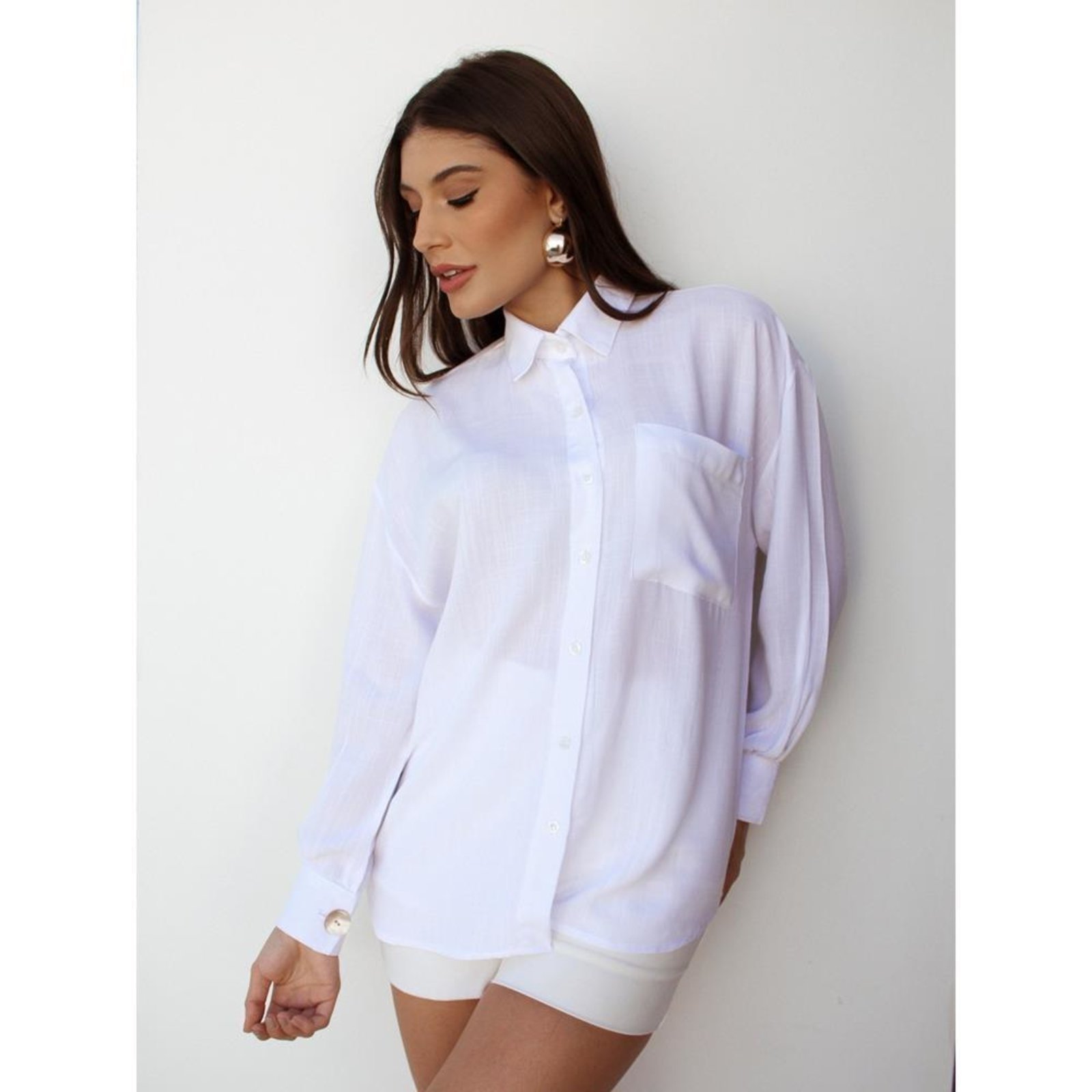 Camisa Feminina Linho Manga Longa Alfaiataria Trama Branco