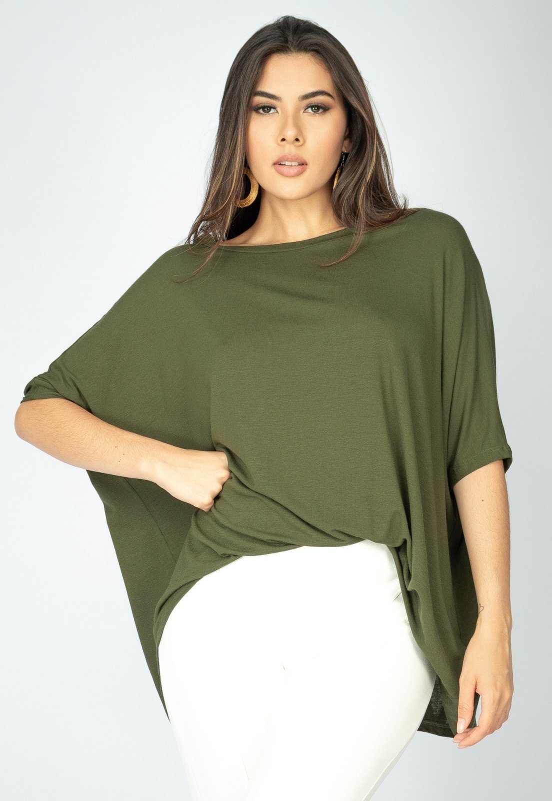 Blusa Ampla Amazonia Vital Malha Morcego Manga Curta Verde Militar