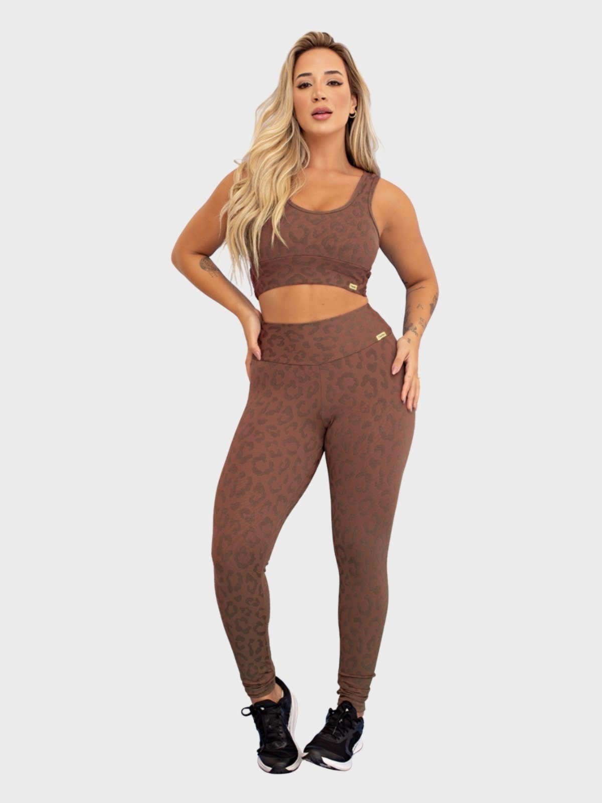 Conjunto Fitness Tarelles Top Calça Legging Textura Onça Terracota