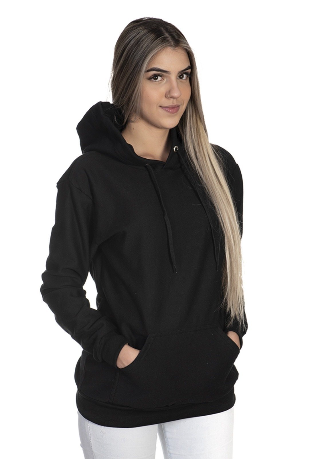 Moletom Feminino Lavini Canguru Blusa De Frio liso Com Capuz Preto