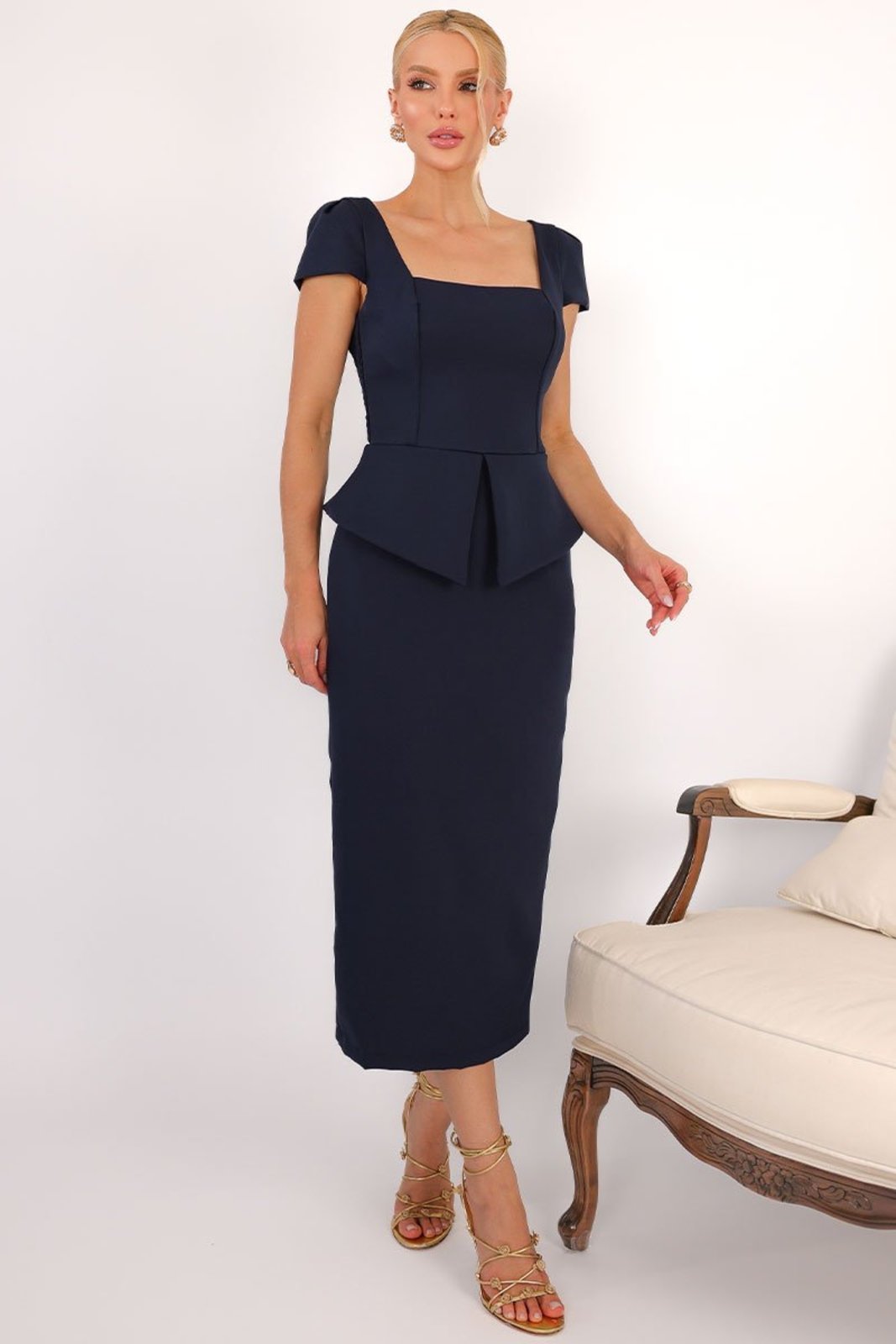 Vestido Midi Mavie Tubinho Peplum Manga Curta com Lastex Marinho