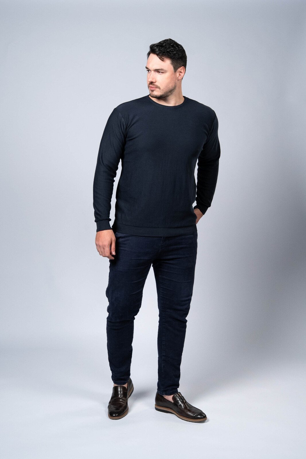 Blusa Fina Tricô Algodão Liso Azul Marinho