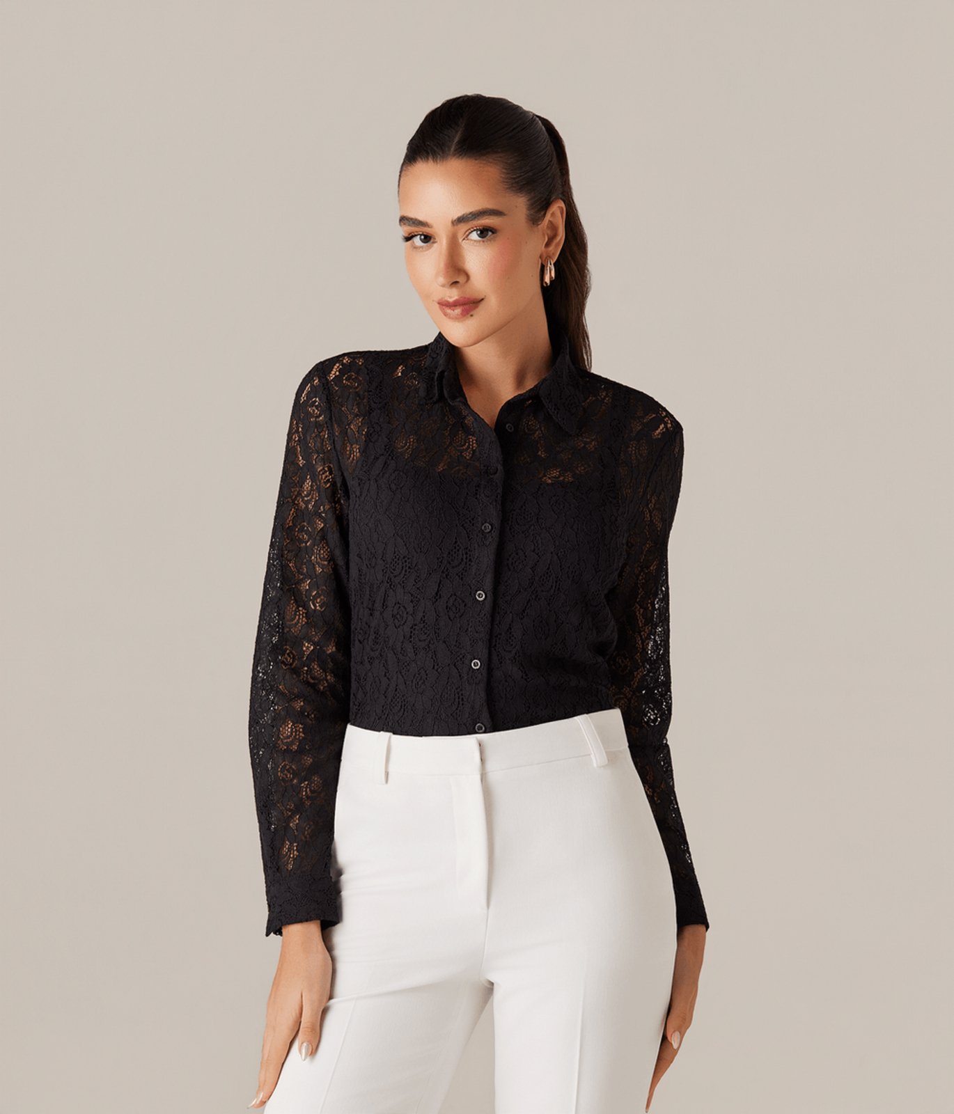 Camisa Manga Longa Renda Feminina Preta