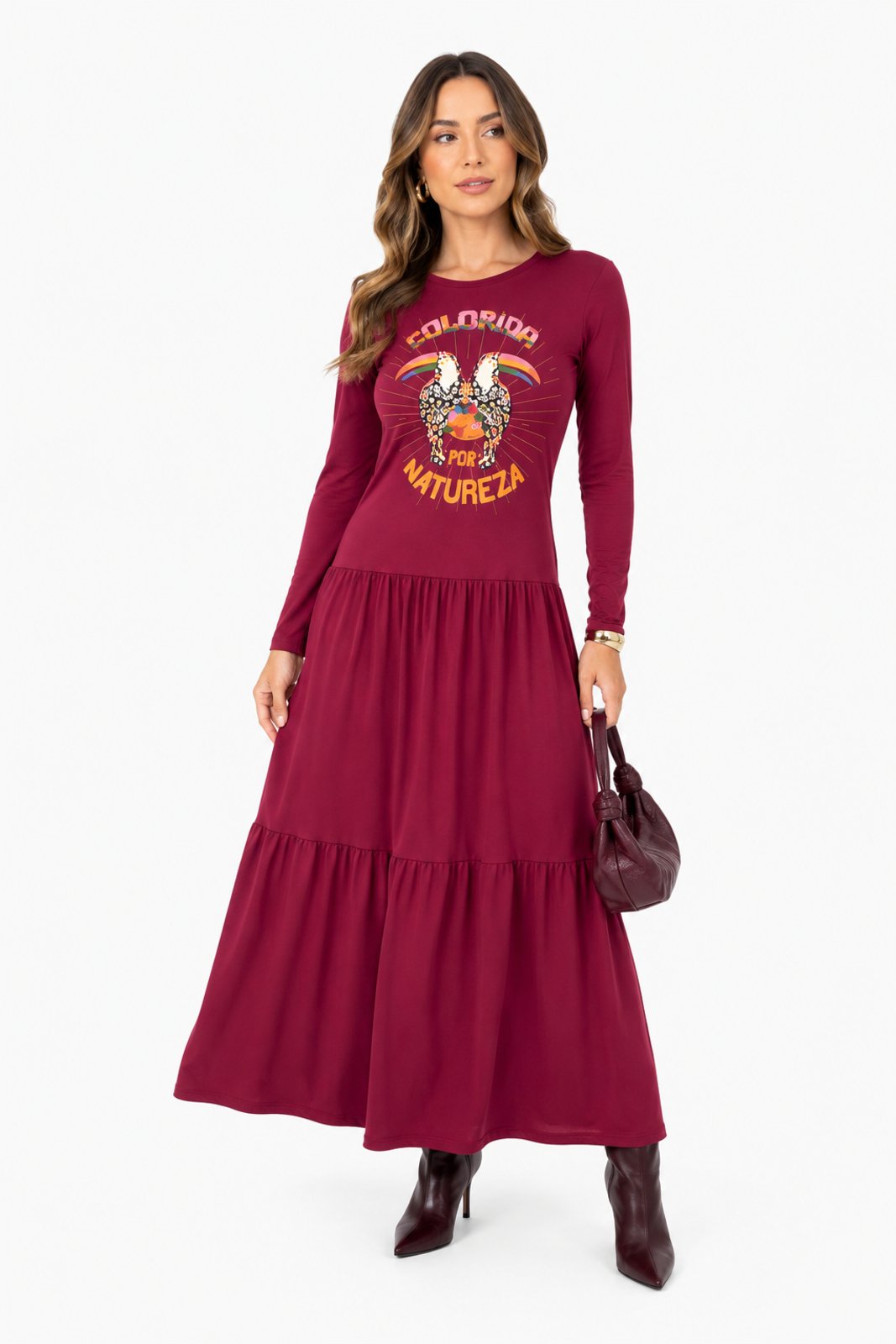 Vestido Midi D Bell Outlet Fashion Manga Longa Bordô