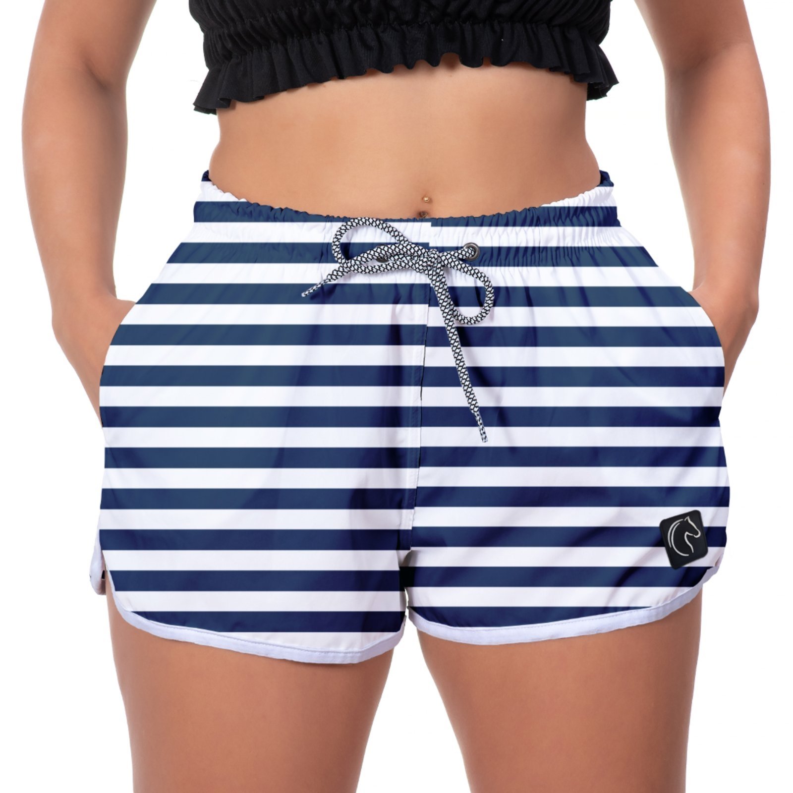 Short Feminino W2 Premium com Elástico e Cordão Ajustável Bolsos Laterais e Secagem Rápida Casual Praia ou Academia Linhas Azul e Branco