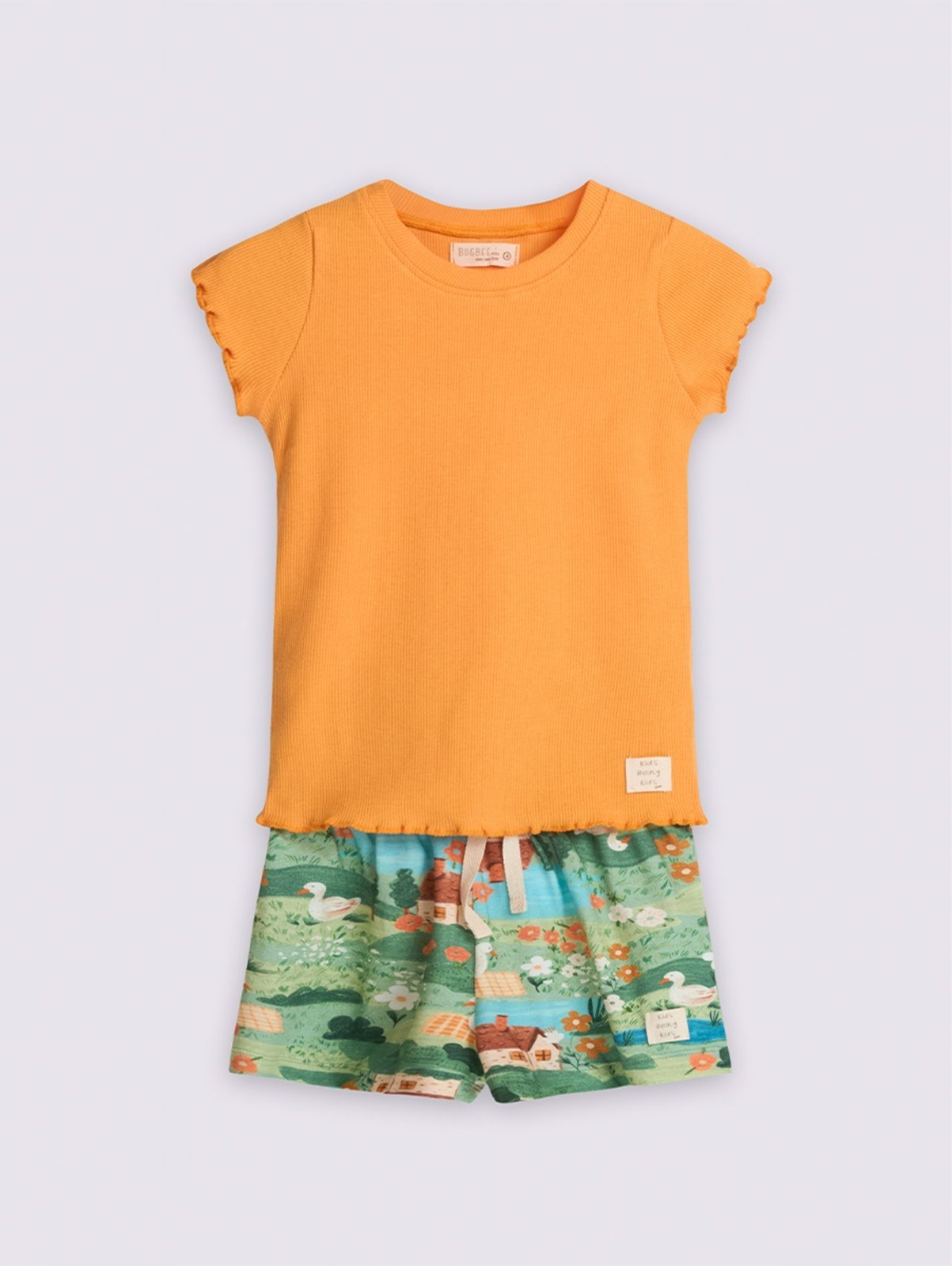 Vista 2 Infantil - Conjunto Menina Bugbee Blusa Lisa Gola Redonda Manga Curta Ribana e Shorts Molecotton Manga estampado/laranja Bugbee estampado/laranja