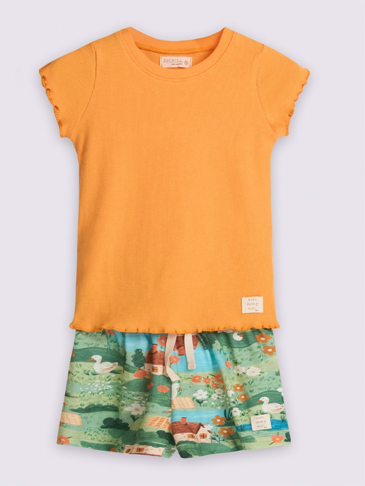 Vista 3 Infantil - Conjunto Menina Bugbee Blusa Lisa Gola Redonda Manga Curta Ribana e Shorts Molecotton Manga estampado/laranja Bugbee estampado/laranja