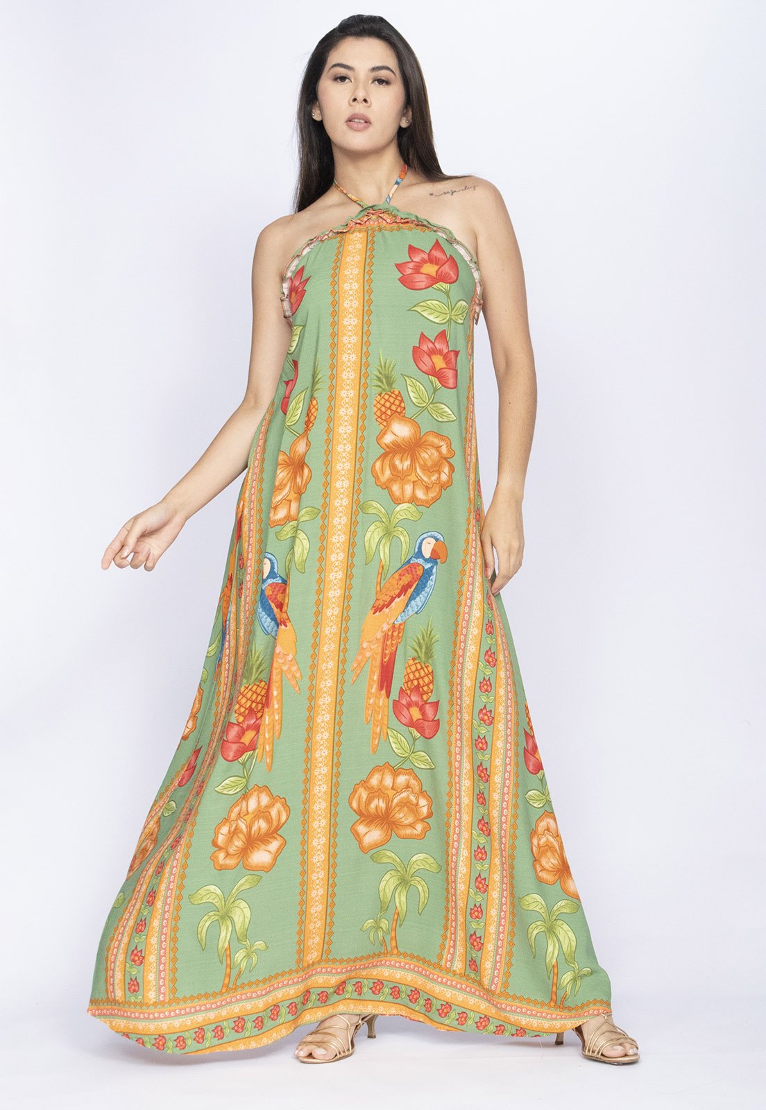 Vista 2 Vestido Amazônia Vital Trapézio Longo Estampa Ararê Verde Amazonia Vital estampado/verde verde