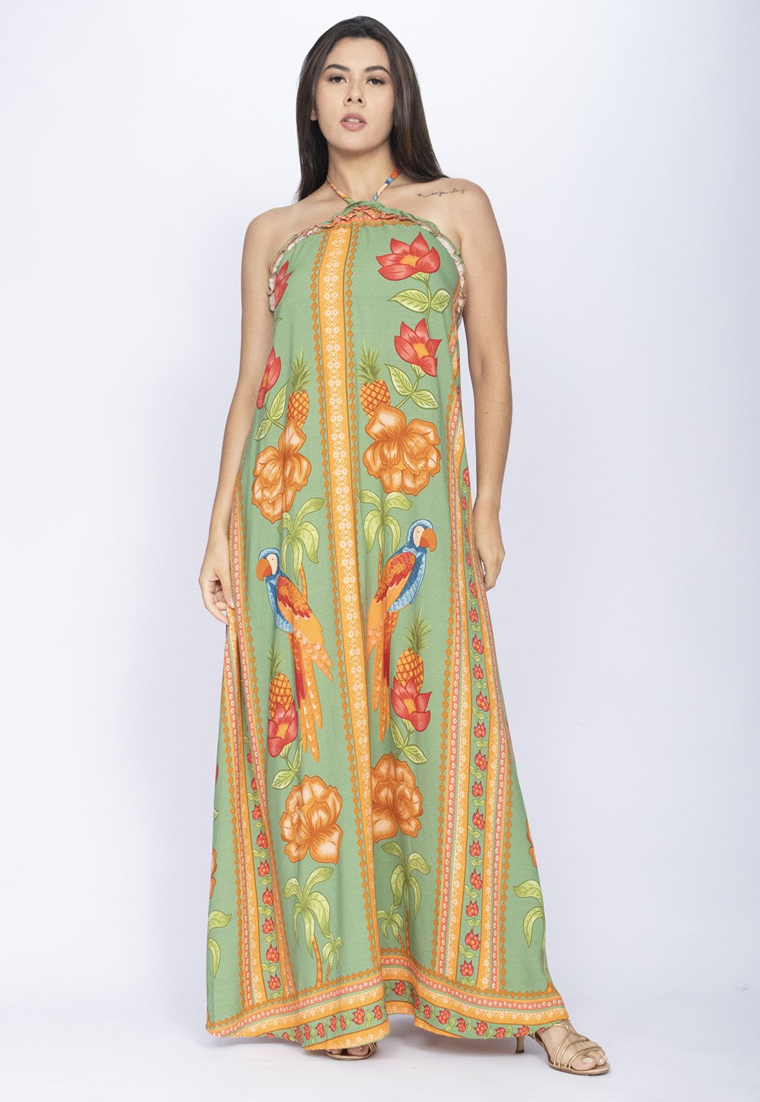 Vista 3 Vestido Amazônia Vital Trapézio Longo Estampa Ararê Verde Amazonia Vital estampado/verde verde