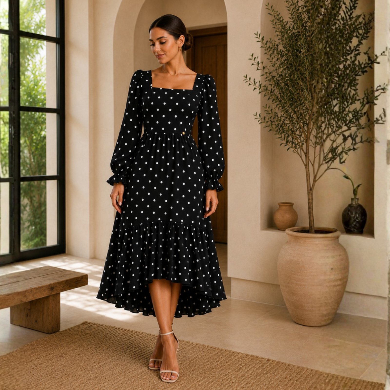 Vestido Max Midi Mullet Preto Manga Longa Elegante e Sofisticado Poa Bolinha - Moda Evangélica