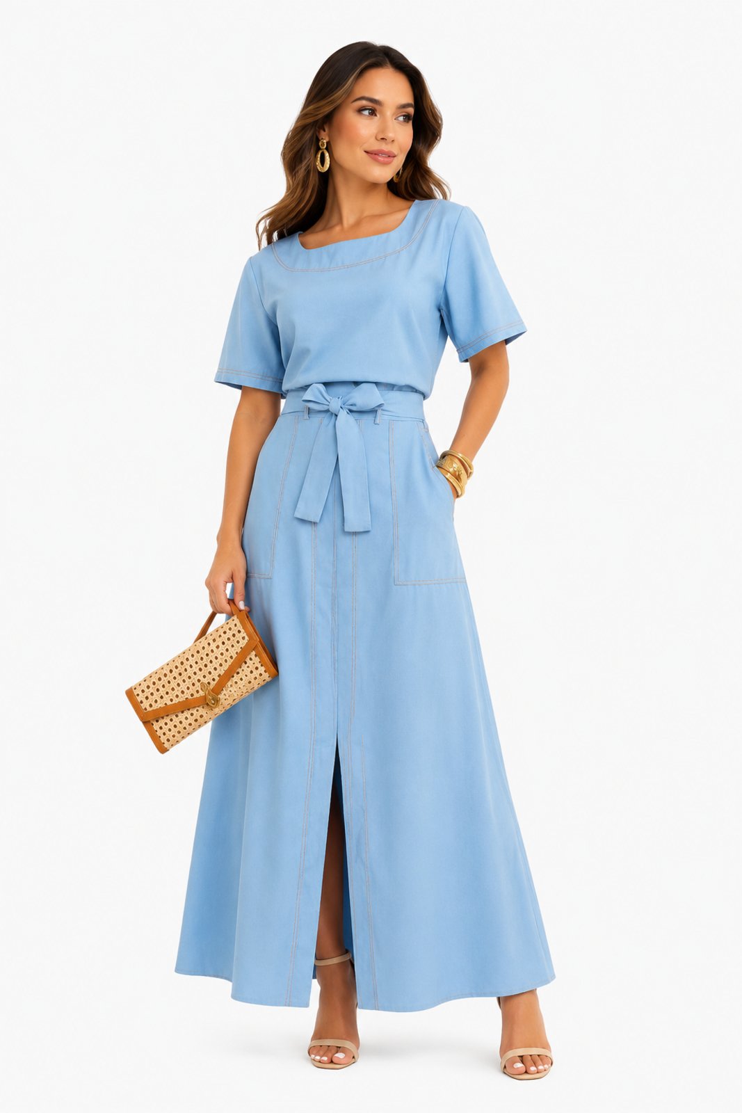 Conjunto Feminino D Bell Outlet Fashion Saia Longa Pesponto Amarração Azul Claro